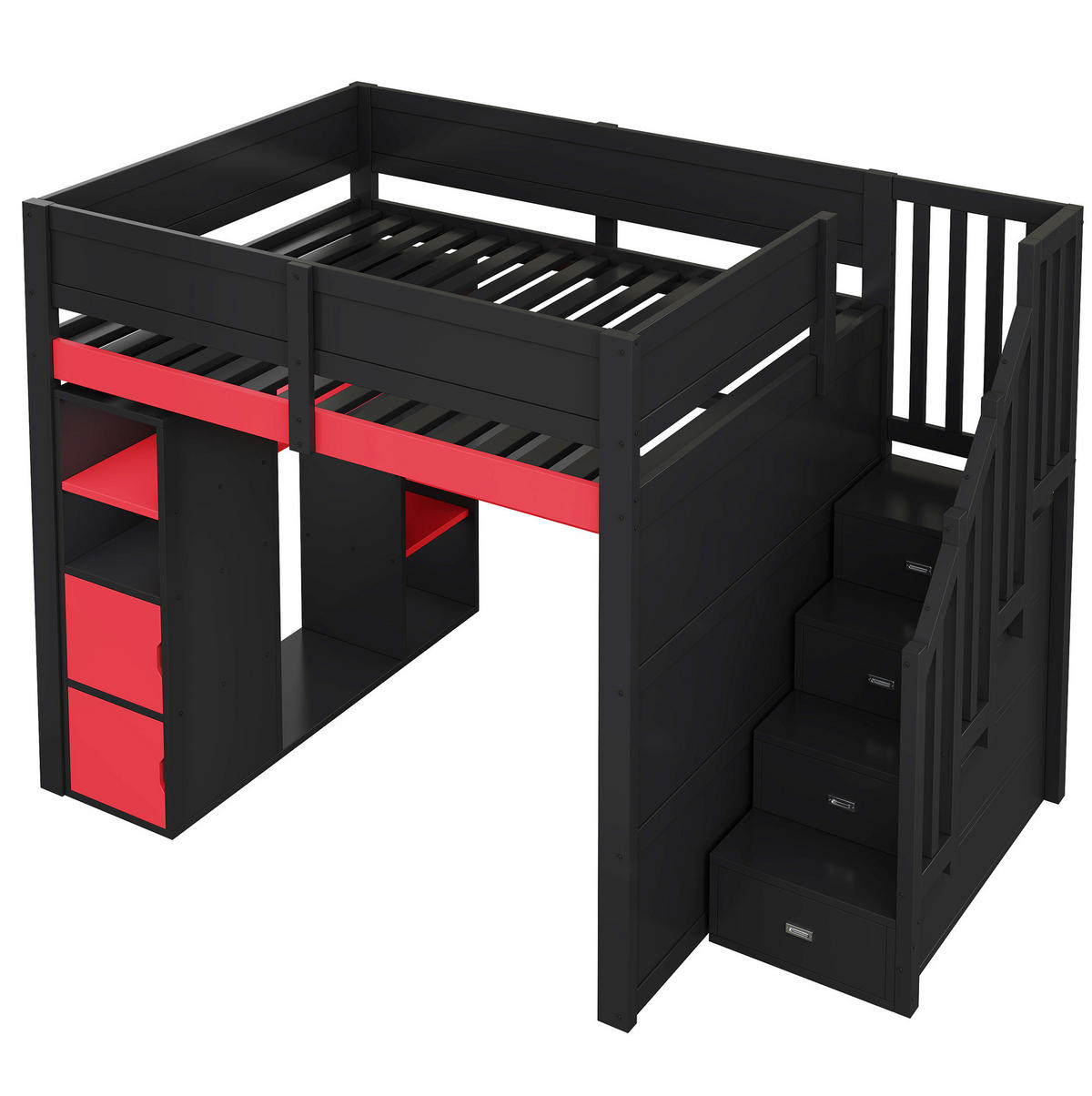 HOCHBETT 140/200 cm mit Schreibtisch, LED-Beleuchtung und Stauraum aus Holzwerkstoff, Schwarz/Rot - Schwarz, Holzwerkstoff (140/200cm) - Redom
