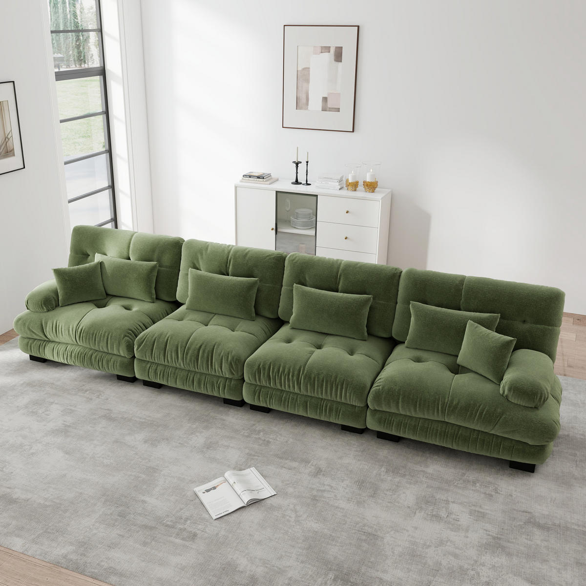 ECKSOFA 406/77/81 cm 4-Sitzer grün aus Chenille mit modularem Tiefensitz - Grün, Textil (77/406cm) - OKWISH
