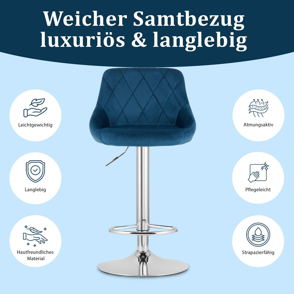 BARHOCKER, drehbar, HÖHENVERSTELLBAR, Velours, in Marineblau, Modernes Design - Blau, Textil (46/107/51cm) - Best For Home