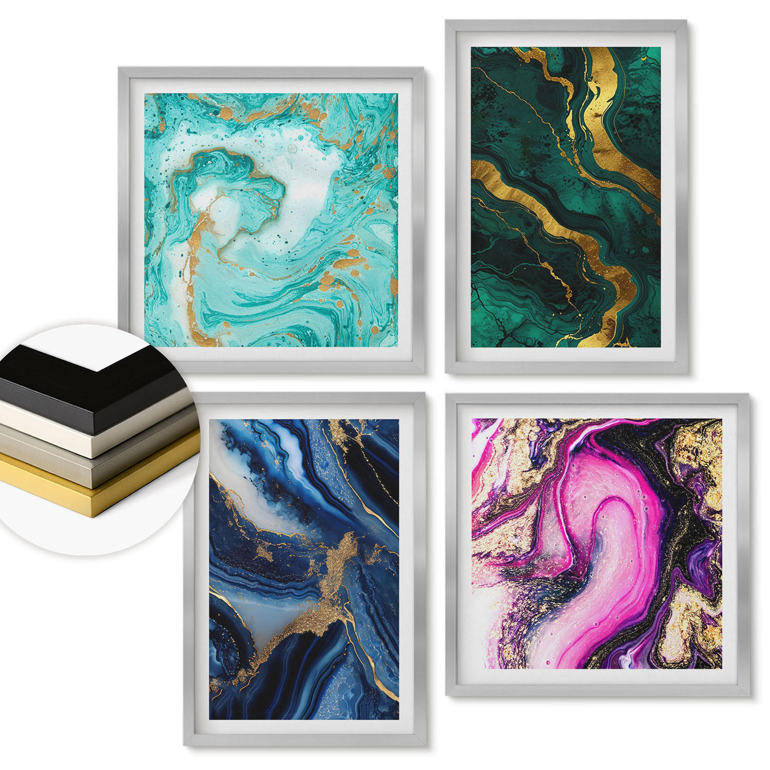 WANDBILDER 4er Set - 50x50 cm & 40x60 cm Silberner Rahmen - Abstrakte Muster in Rosa, Grün und Blau - Silberfarben, Kunststoff (50/50cm) - ArtPrintCave