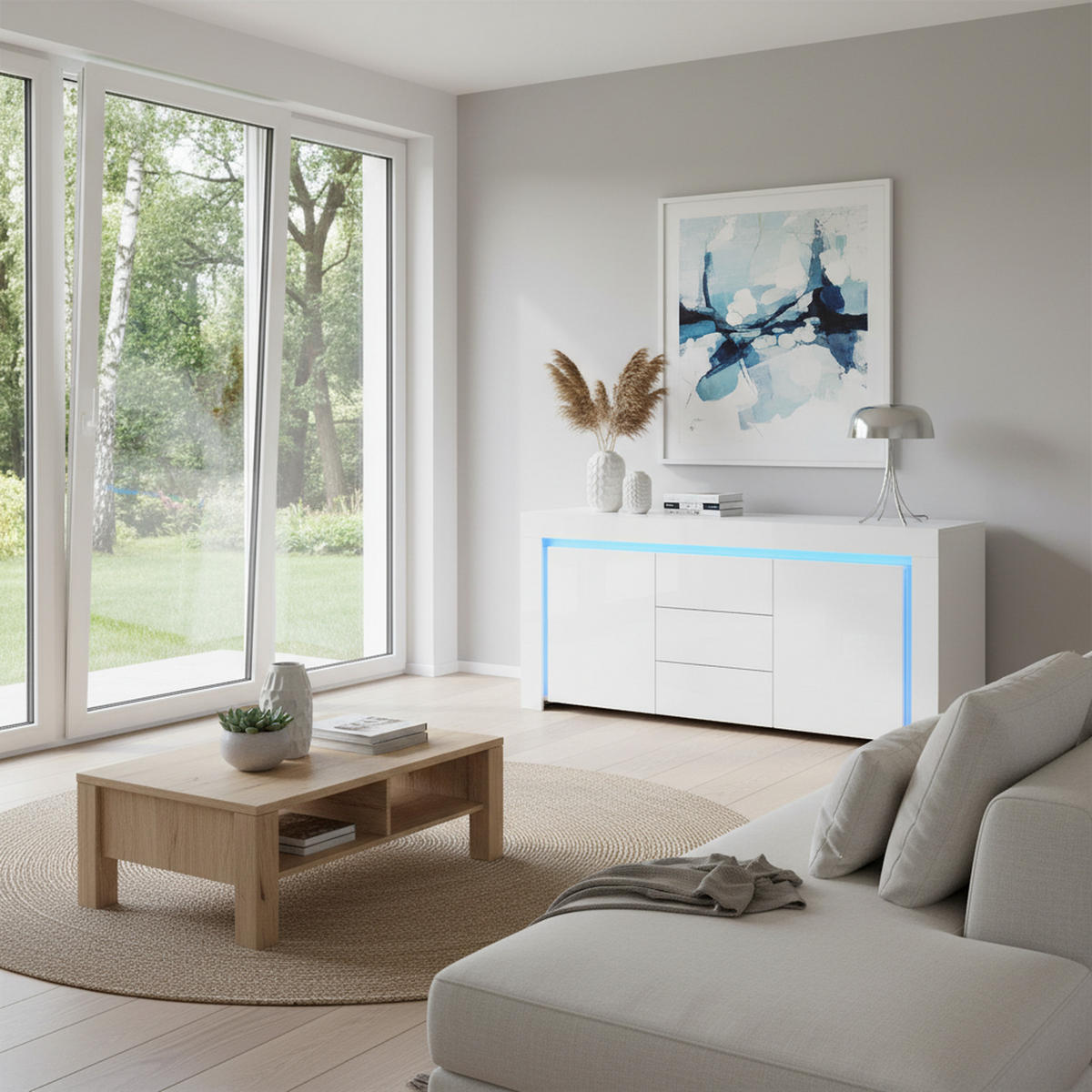 SIDEBOARD 140 cm 2 Türen, 3 Schubladen, LED-Beleuchtung, Hochglanz, Weiß & Schwarz Verstellbare Einlegeböden - Weiß Hochglanz, Holzwerkstoff (140/65/40cm) - Urban Meuble