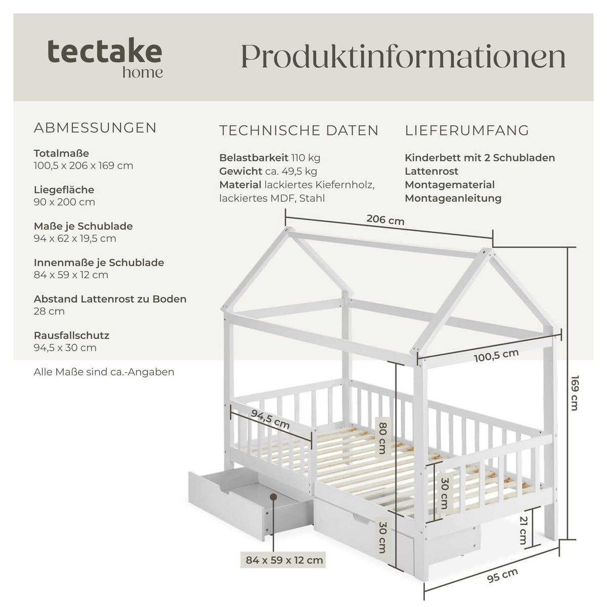 KINDERBETT Hailey, 90 x 200 cm, inklusive Rolllattenrost, weiß - Weiß, Holz - tectake