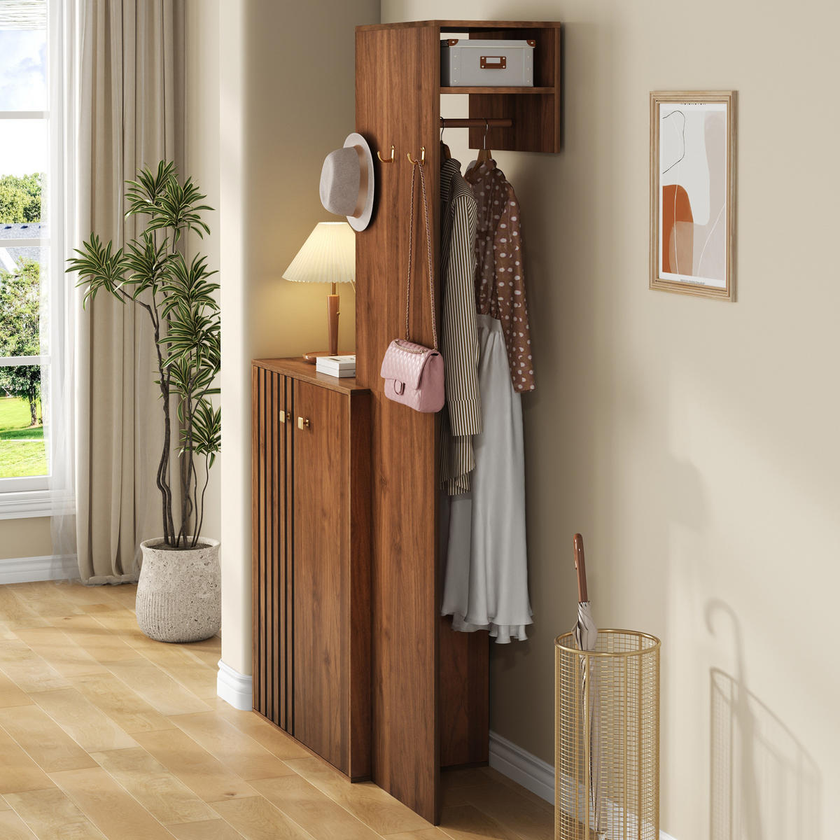KOMPAKTGARDEROBE 115/38,5/191,5 cm mit Schuhschrank, Kleiderstange und verstellbaren Einlegeböden, Nussbaum - Walnussfarben, Holzwerkstoff (115/191.5/38.5cm) - Redom