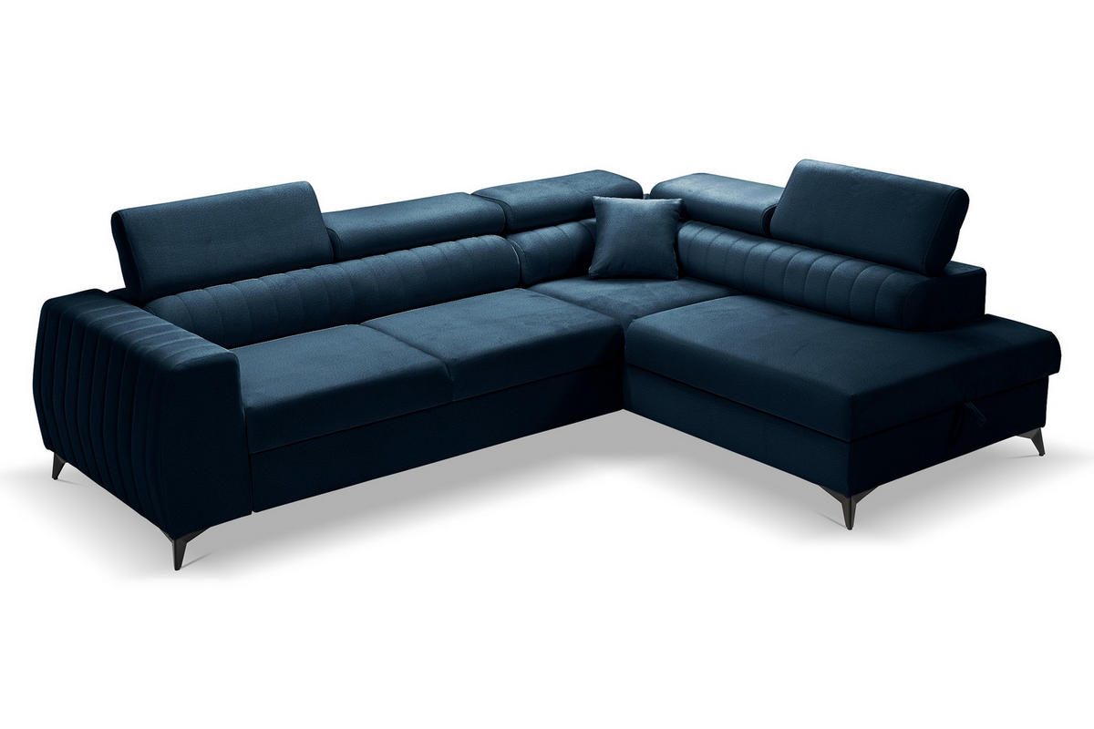 ECKSOFA PIERO L Rechts mit Schlaffunktion 195x125 Velours Dunkelblau - Schwarz/Dunkelblau, Holz/Textil (203/268cm) - Muffo