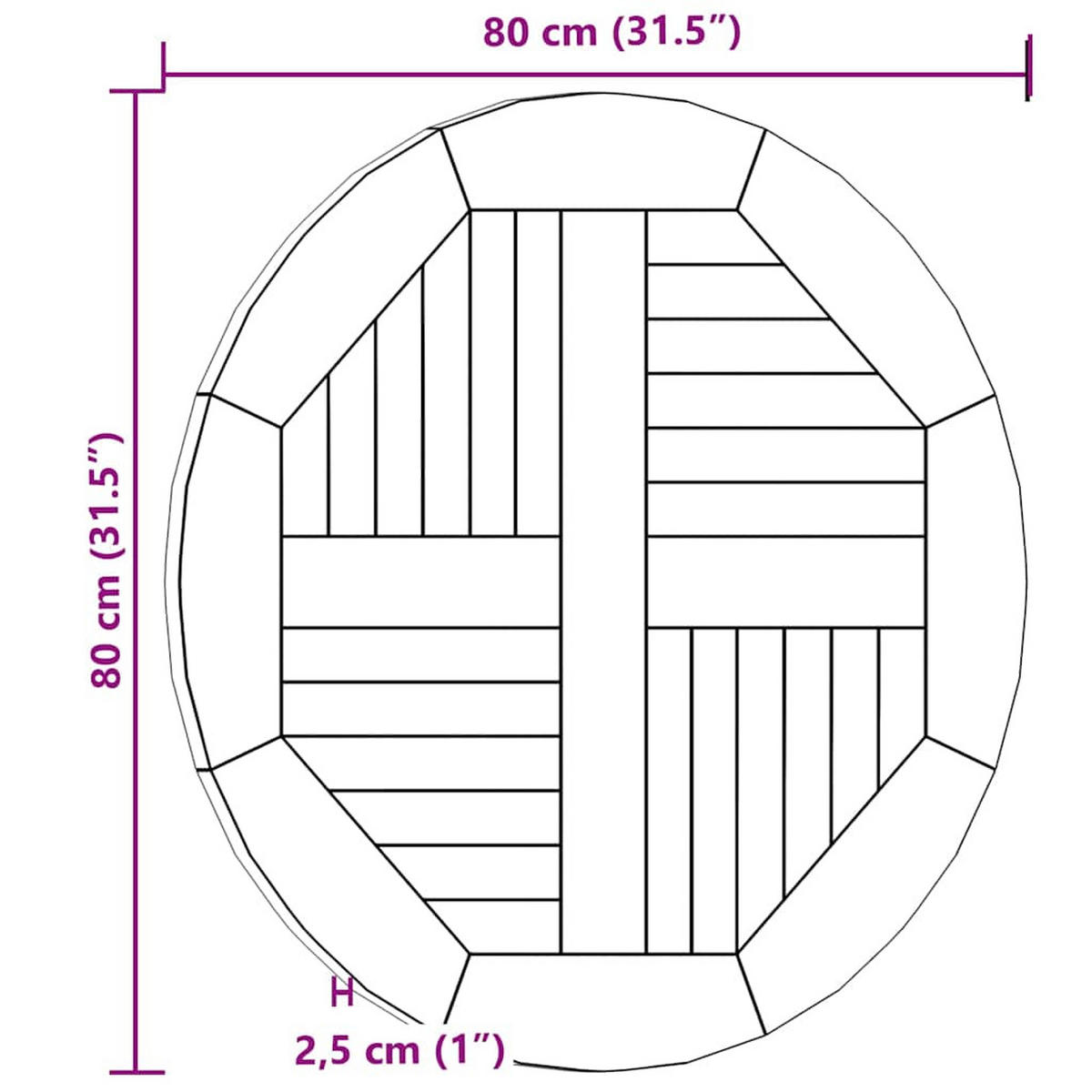 TISCHPLATTE mit Slats, Ø80x2,5 cm, aus Massivholz Teak, - Braun, Holz (80/80/28cm) - vidaXL