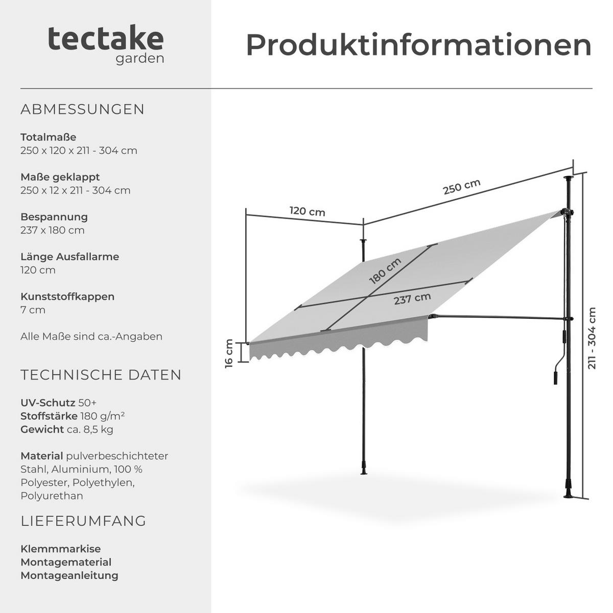 KLEMMMARKISE ,einfache Montage,hellgrau - Hellgrau, Kunststoff (250/304/180cm) - tectake