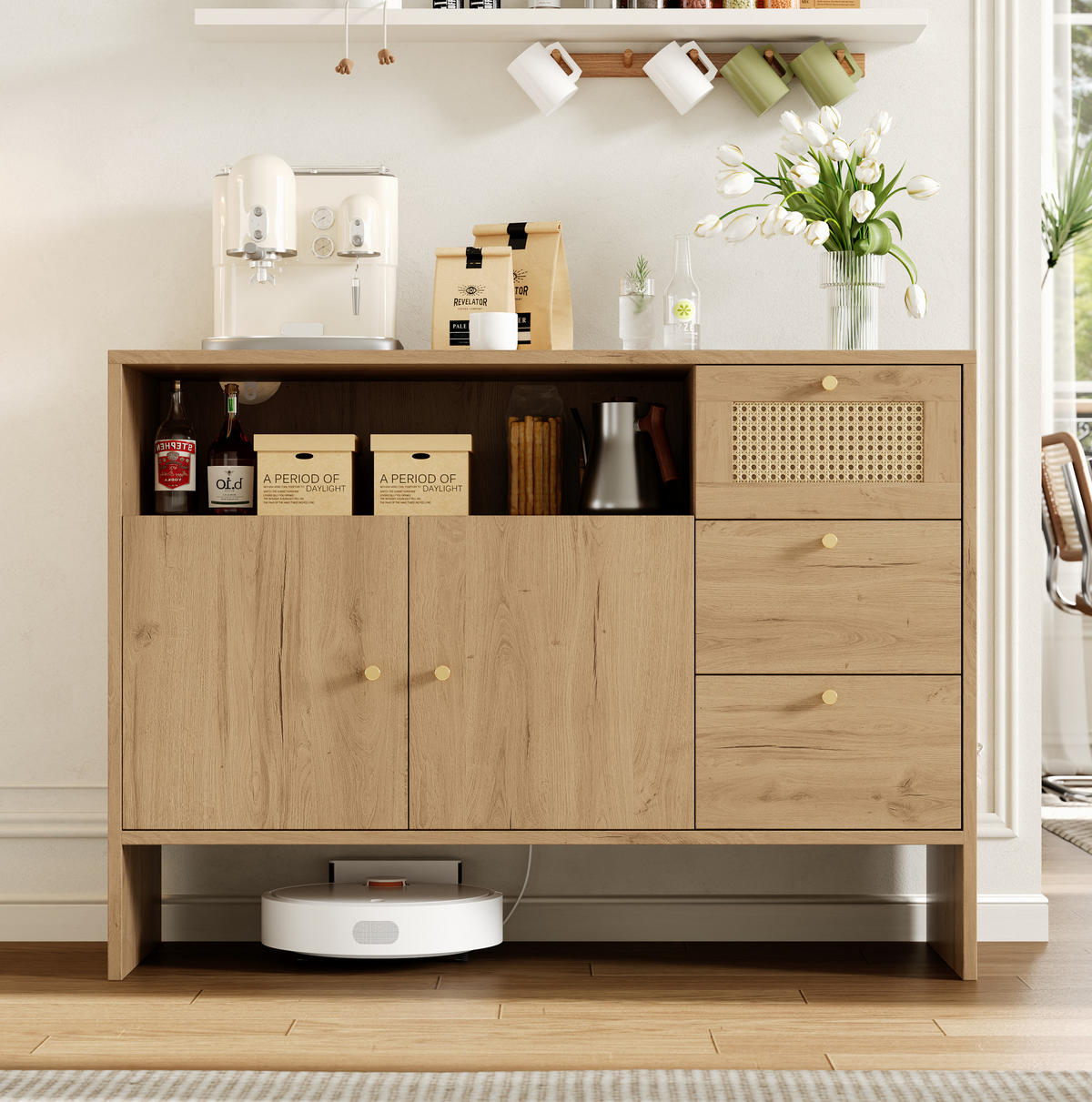 SIDEBOARD 105/40/76 cm natur aus Spanplatte mit Rattanfronten - Naturfarben, Holzwerkstoff (105/76/40cm) - OKWISH