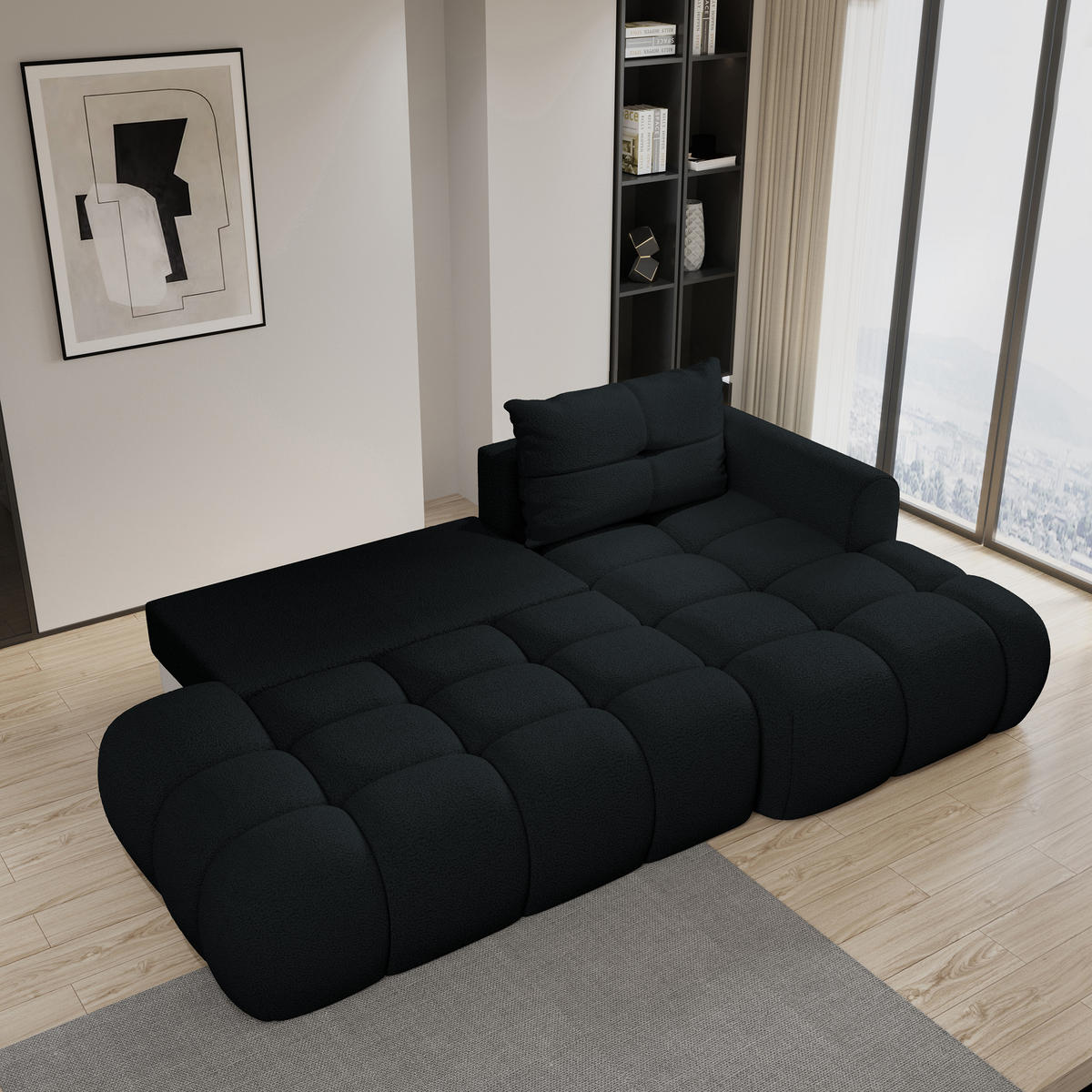 ECKSOFA FLUMA R-S Schwarz Boucle-Stoff mit Schlaffunktion - Schwarz, Holz (274/165cm) - MASSENO