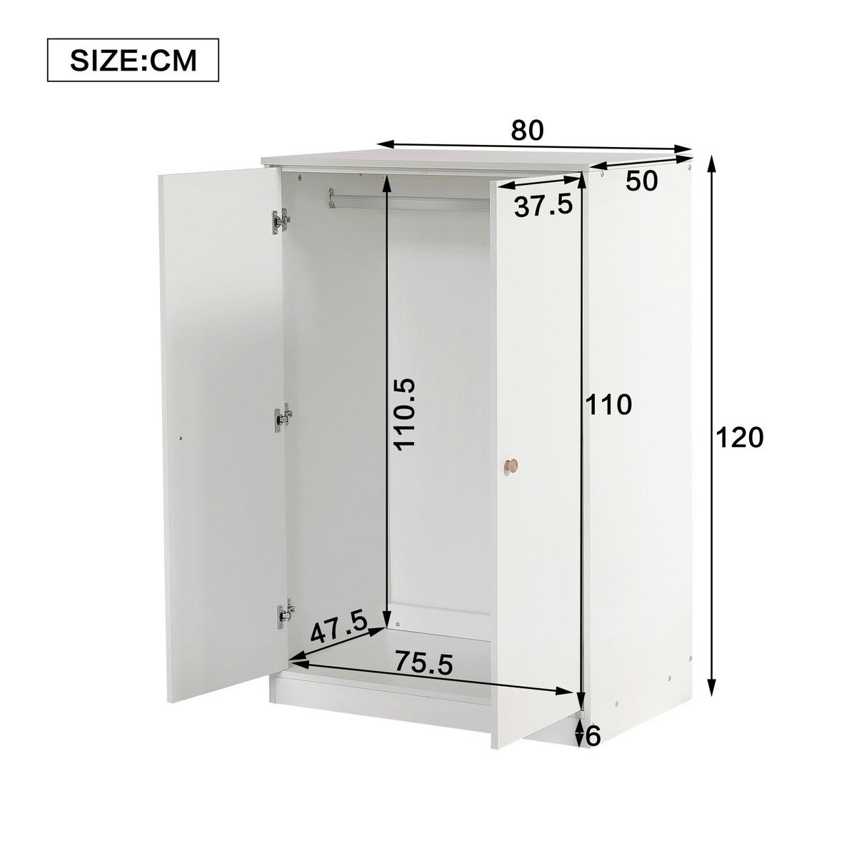 KLEIDERSCHRANK 80/50/120 cm weiß aus MDF mit 2 Türen und Kleiderstange - Weiß, Holz (80/120/50cm) - OKWISH