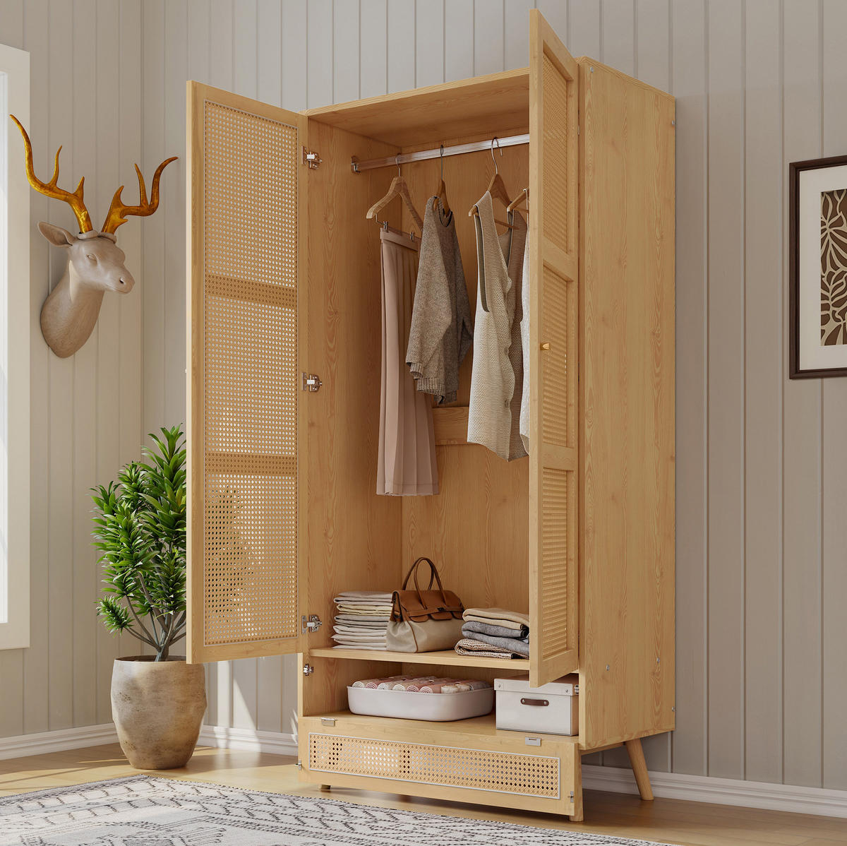 KLEIDERSCHRANK mit Kleiderstange & Rattan-Optik, 90/45/183 cm, Natur - Naturfarben, Holz (90/183/45cm) - Redom