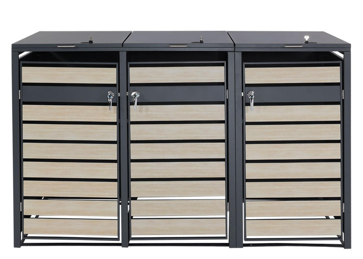 MÜLLTONNENBOX 3er/6er XL 117x215x98cm Metall 95kg Anthrazit Buche-Holzoptik Hellbraun - Hellbraun, Metall (215/117/98cm) - PROREGAL