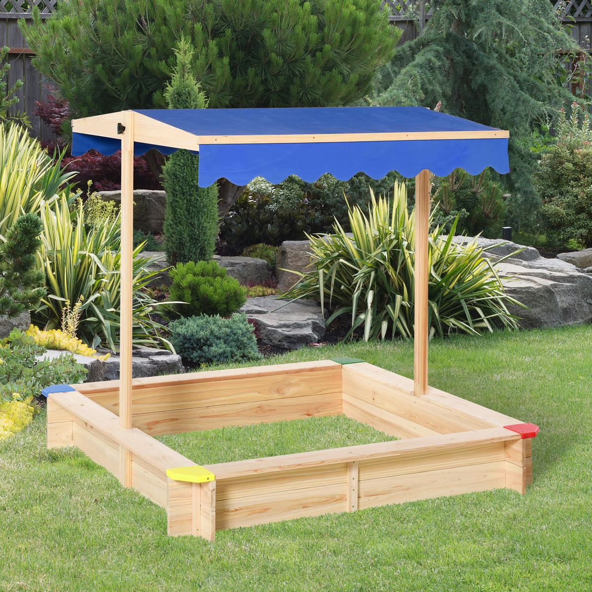 SANDKASTEN DE-18743 quadratisch mit verstellbarem Dach Naturholz - Blau, Holzwerkstoff (120/120/120cm) - ComfortXL