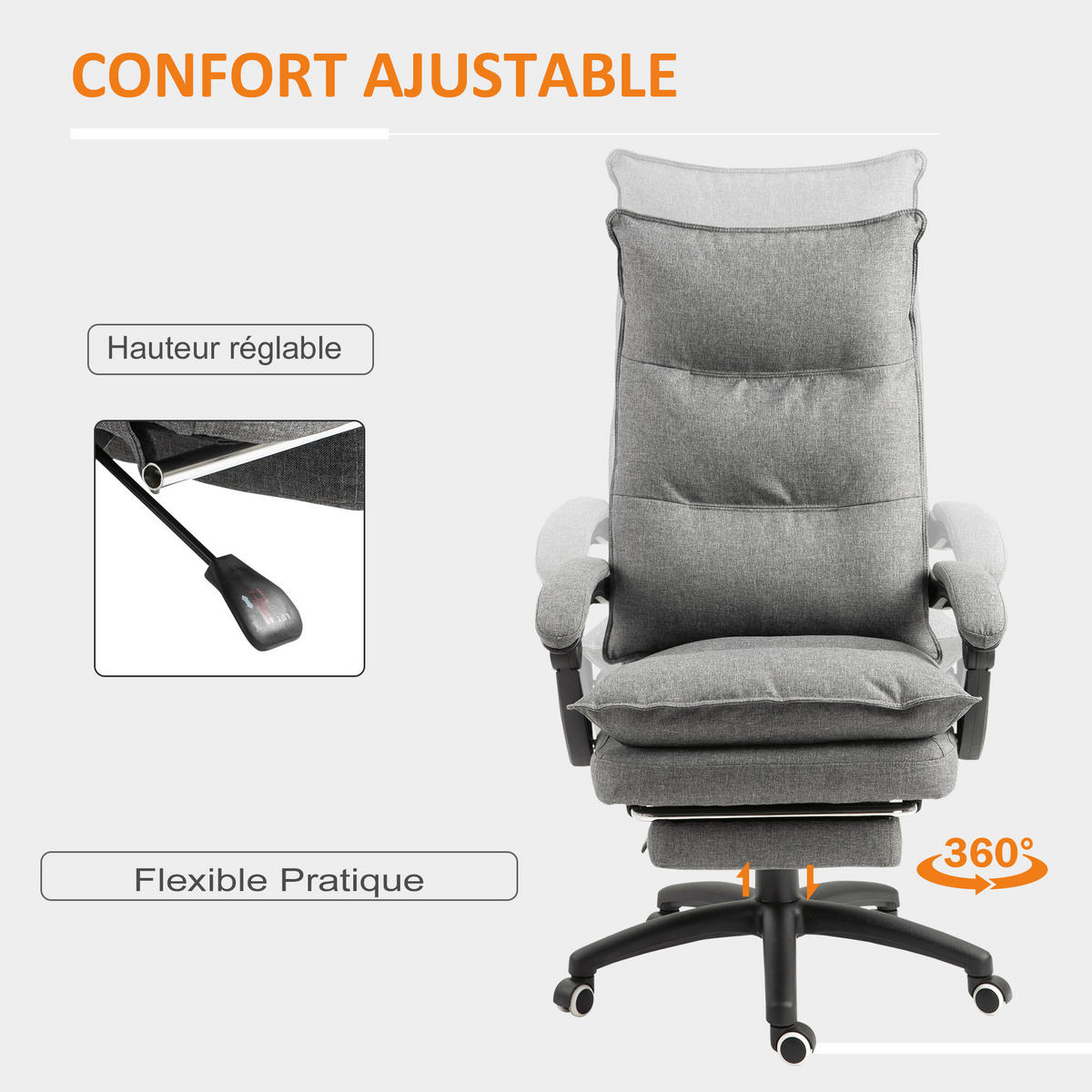 CHEFSESSEL DE-11640 ergonomisch mit Massagefunktion & Fußstütze Grau - Grau, Textil (62/130/70cm) - ComfortXL