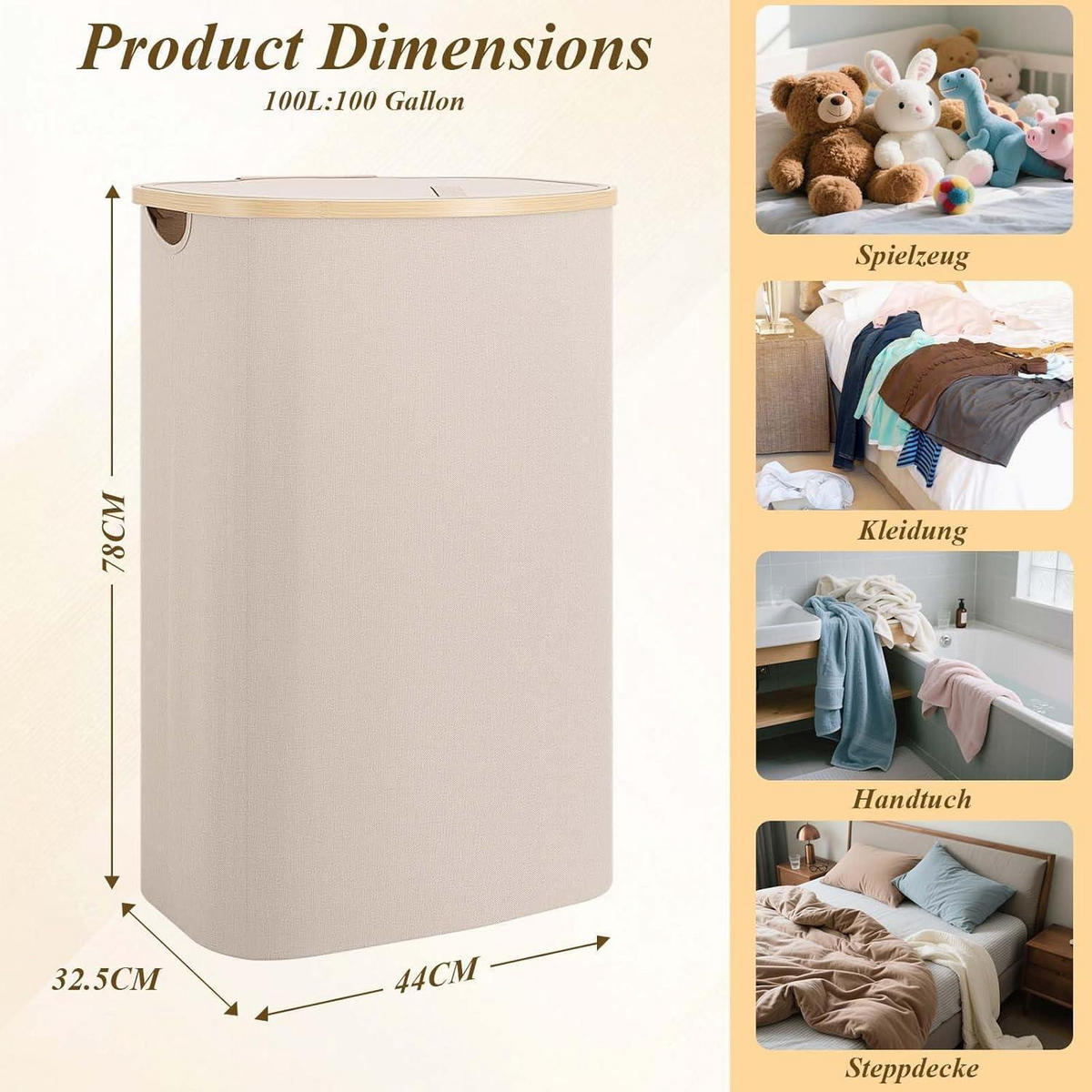 WÄSCHEKORB mit Deckel 100L Hellbeige - Beige, Textil (33/70/44cm)