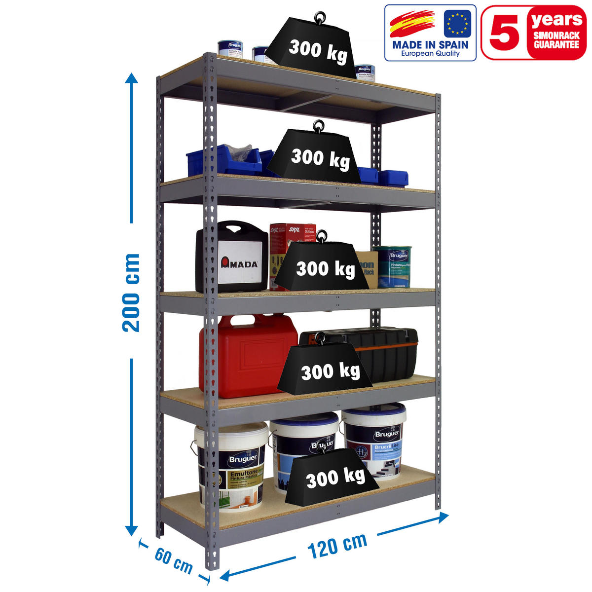 SCHWERLASTREGAL WOOD YETI LIGHT FIVE | HxBxT 200x120x60cm | Fachlast 300kg | Grau - Grau, Metall (120/200/60cm) - PROREGAL