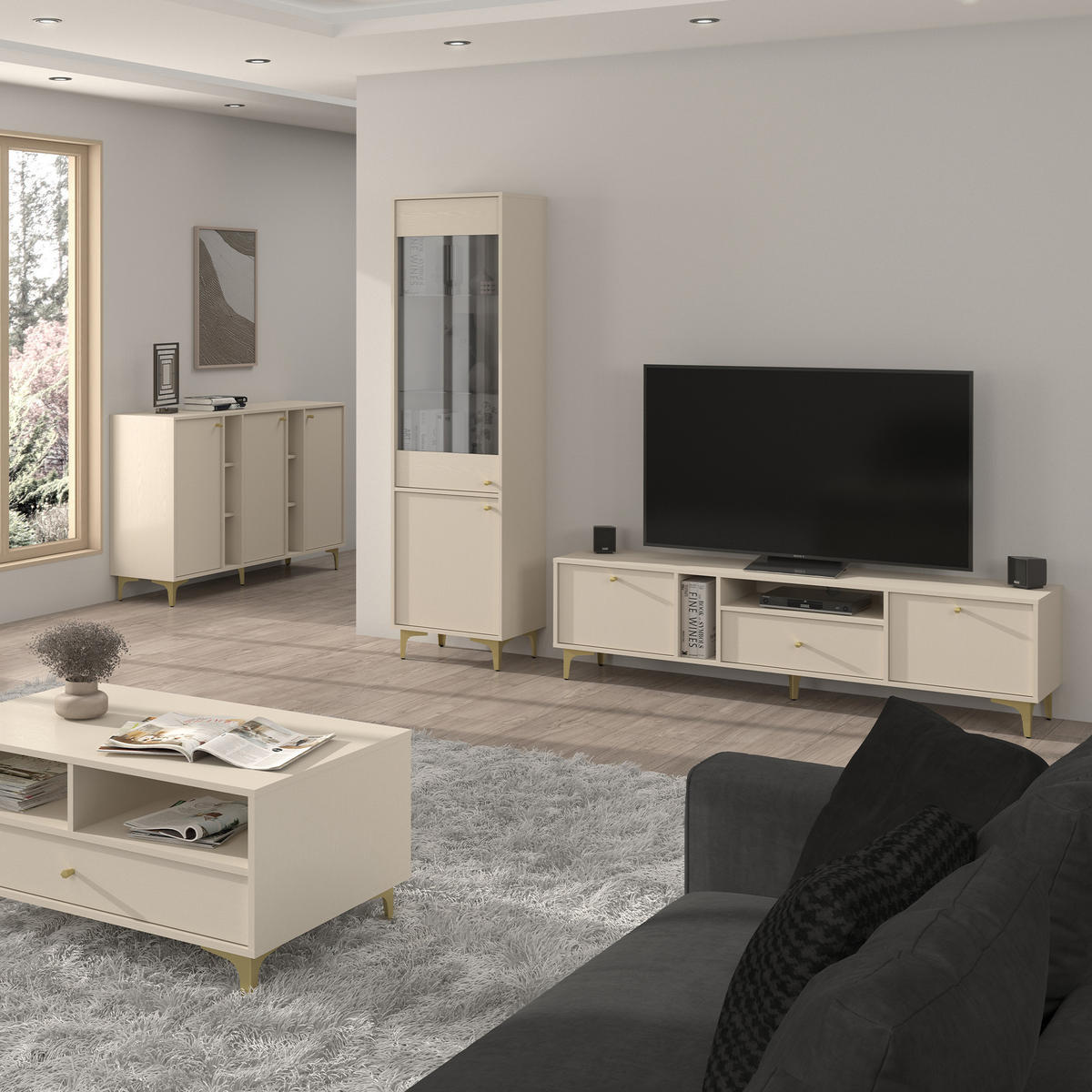TV-LOWBOARD FLOREN, Creme/Gold - Creme, Holzwerkstoff/Metall (180/48.5/40.8cm) - KONSIMO®