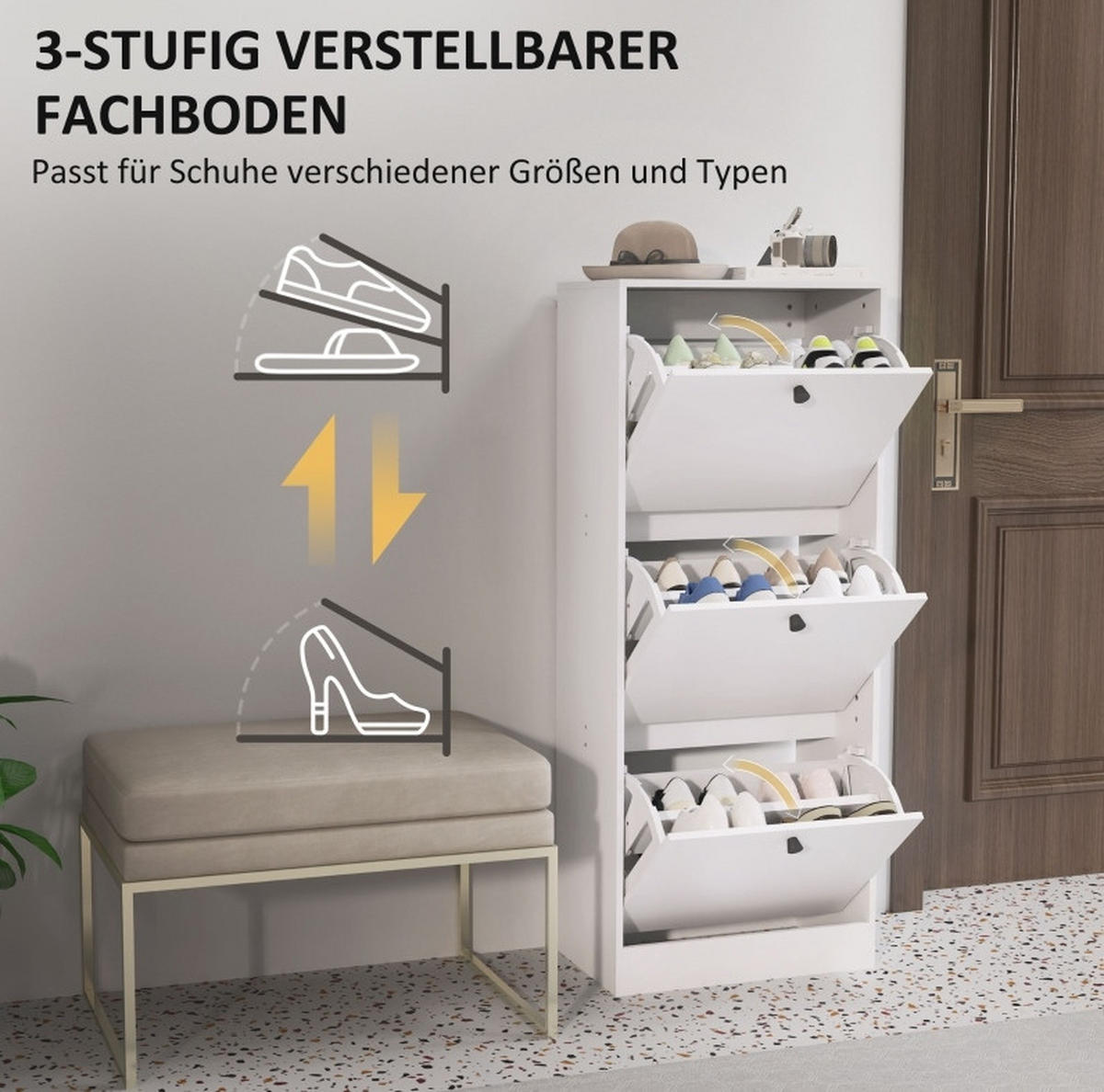 SCHUHSCHRANK 47/28/115 cm mit 3 Klappen, verstellbaren Einlegeböden und Kippschutz aus Holzwerkstoff, Weiß - Weiß, Holzwerkstoff (47/115/28cm) - Redom
