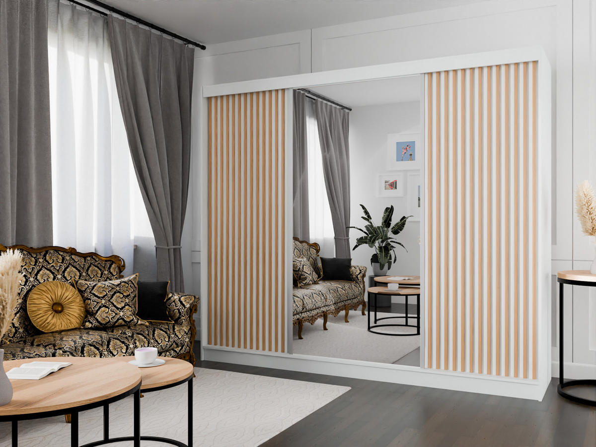 SCHIEBETÜRENSCHRANK LAMELIS - Eiche Wotan/Weiß, Holzwerkstoff (250/215/61cm) - Meblini