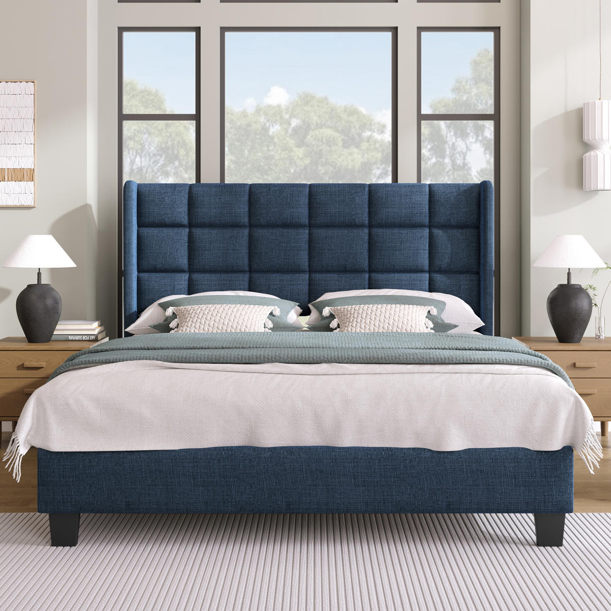 POLSTERBETT aus Leinen 140x200 cm in Blau mit Lattenrost - Blau, Textil (140/200cm) - Modfu