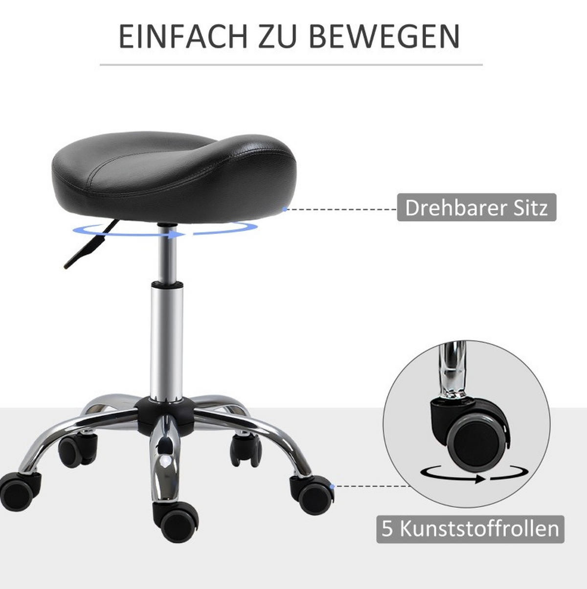 ROLLHOCKER in Schwarz 48x48x69 cm, höhenverstellbar von 54–69 cm, mit Sattelsitz und 5 Rollen - Schwarz, Kunststoff (48/69/48cm) - IVMEU
