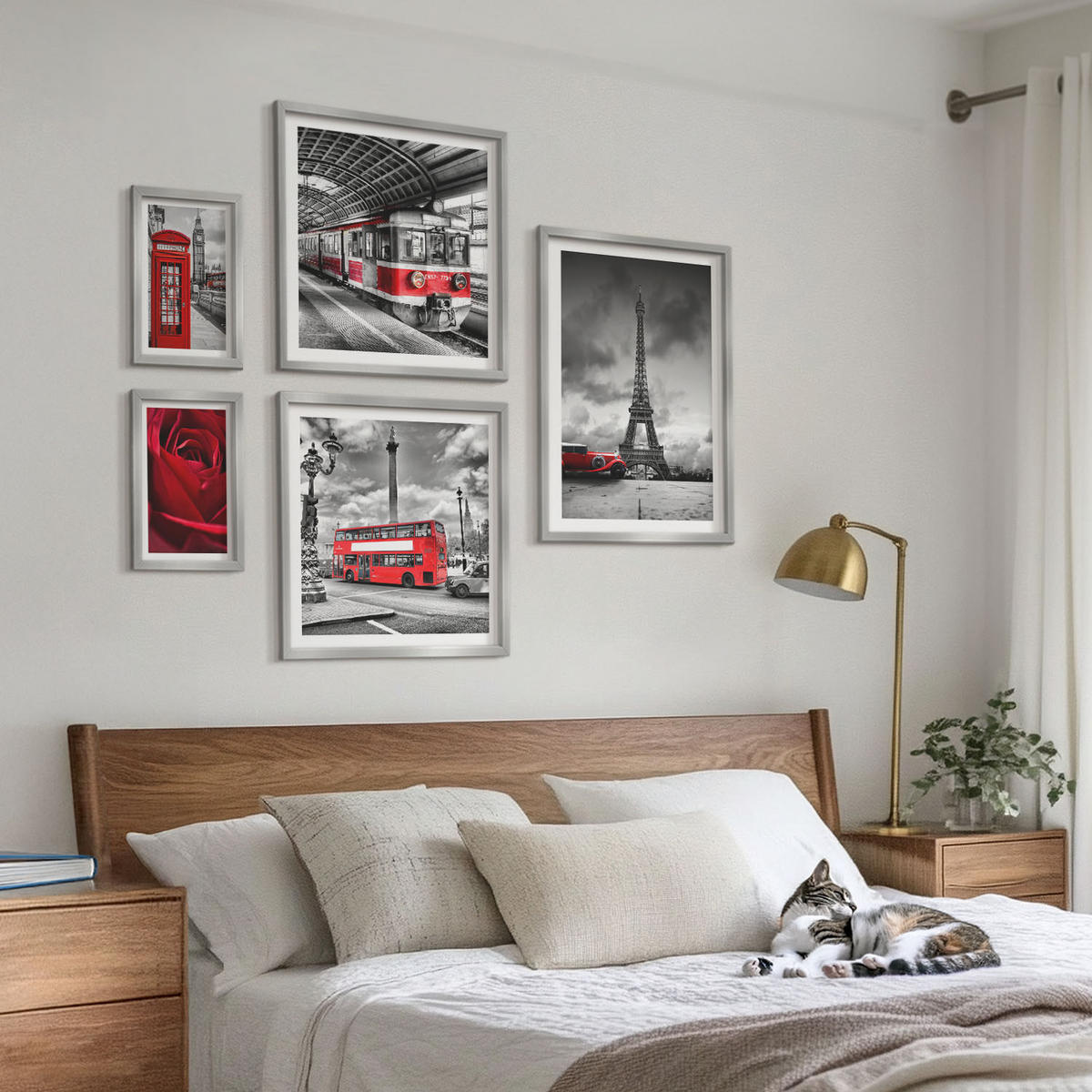 WANDBILDER 5er Set - 50x50 cm & 20x30 cm & 40x60 cm Silberner Rahmen - Ikonische Städte London Paris Eisenbahn - Silberfarben, Kunststoff (40/60cm) - ArtPrintCave