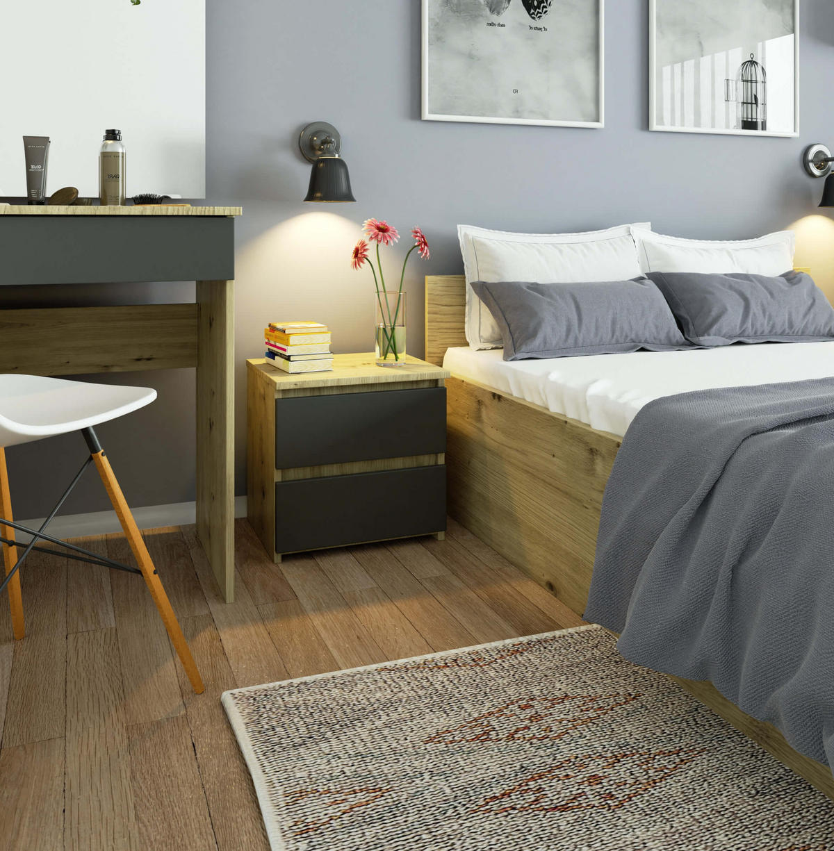 NACHTTISCH Eiche Artisan, Graphit Grau 40/40/35 - Eiche Artisan/Grau, Holzwerkstoff (40/40/35cm) - RAUMHIRSCH FURNITURE