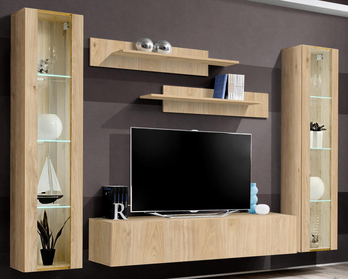 WOHNWAND Eiche Jackson 5-teilig 260 cm, Schrankwand hängend mit LED und Push-to-Open - Eichefarben, Glas/Holzwerkstoff (260/170/40cm) - Inn.Furn