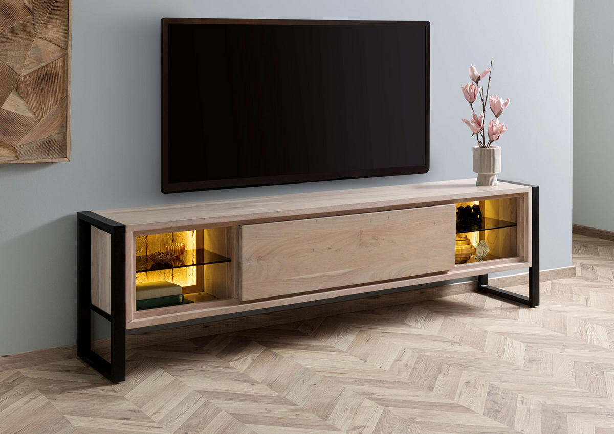LOWBOARD Akazie / Altholz 220x40x60 natur lackiert DENVER #117 - Naturfarben, Holz (220/60/40cm) - Massivmoebel24