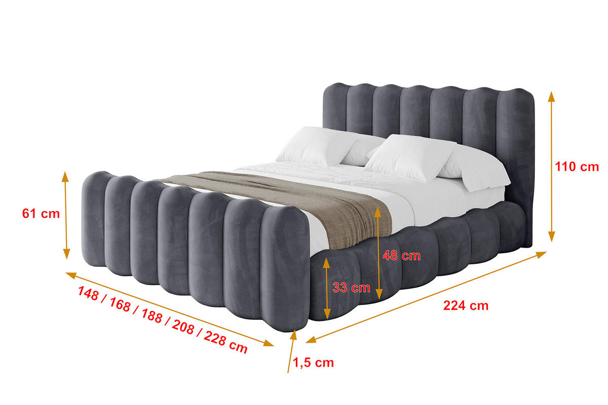 POLSTERBETT mit Bettkasten, Fußteil und Lattenrost, Boxbett ohne Matratze - SORA-Z 200x200 Dunkelgrau - Dunkelgrau, Holzwerkstoff/Textil (200/200cm) - ALTDECOR