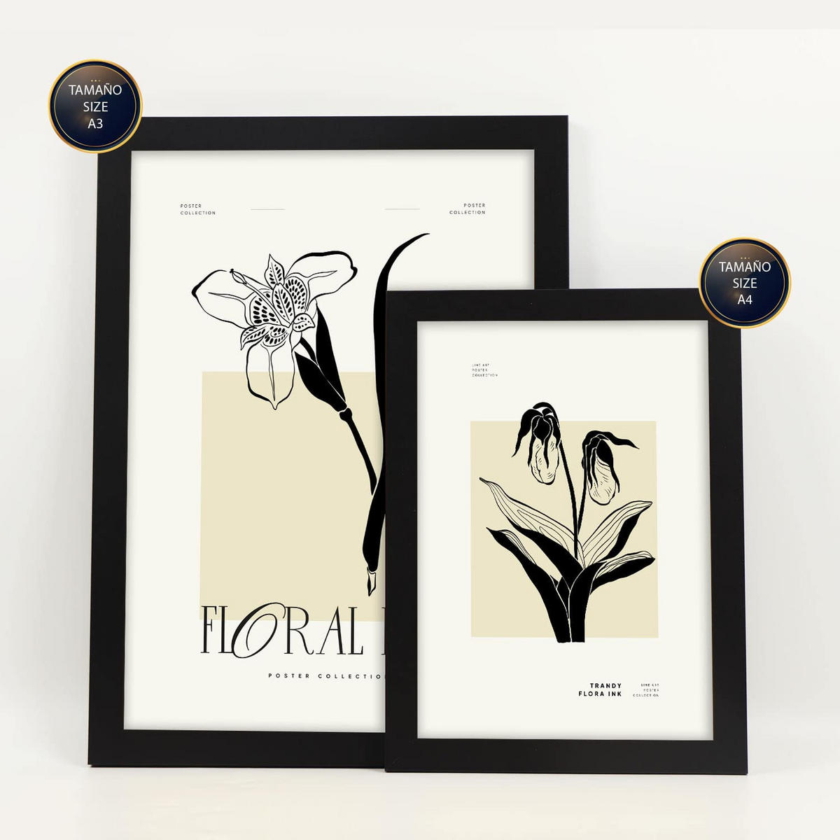 POSTER Set Mit 6 In Schwarzer Tinte Tropische Orchideen A3 & A4 Schwarzer Rahmen - Schwarz, Papier (29/3cm) - Nacnic