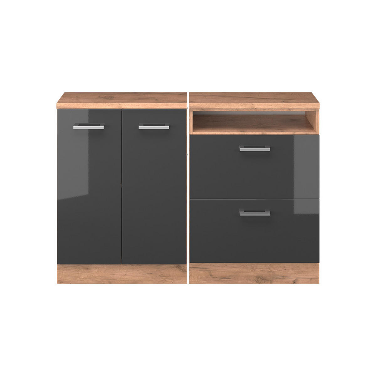 KUHINJSKI ORMAR ZA KOSINE KROVA R-Line Antracit visokog sjaja 120 cm Set od 2 korpusa ormara, dubina 60 cm - hrast medunac/crna visoki sjaj, drvni materijal (120/83.8/60cm) - Vicco