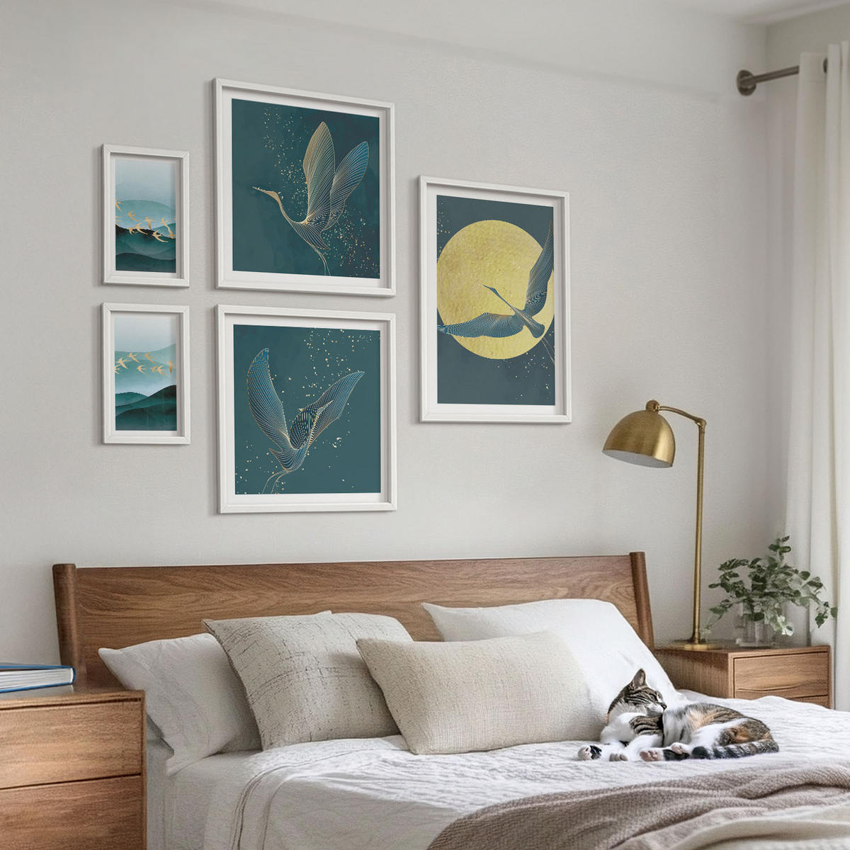 WANDBILDER 5er-Set - 50x50 cm & 20x30 cm & 40x60 cm Weißer Rahmen - Abstrakte Landschaften von Vogelwellen - Weiß, Kunststoff (40/60cm) - ArtPrintCave