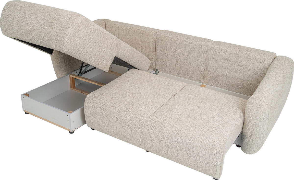 ECKSOFA Fabio mit Bettkasten, Strukturiert Ecru 255/165/91 cm - Ecru/Schwarz, Textil (255/165cm) - WFL GROUP
