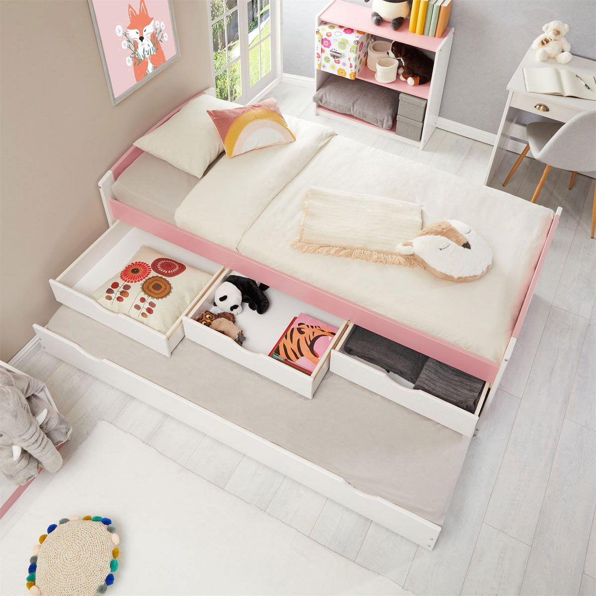 FUNKTIONSBETT JESSY 90X190 CM - Weiß/Rosa, Holz (98/63/194cm) - IDIMEX