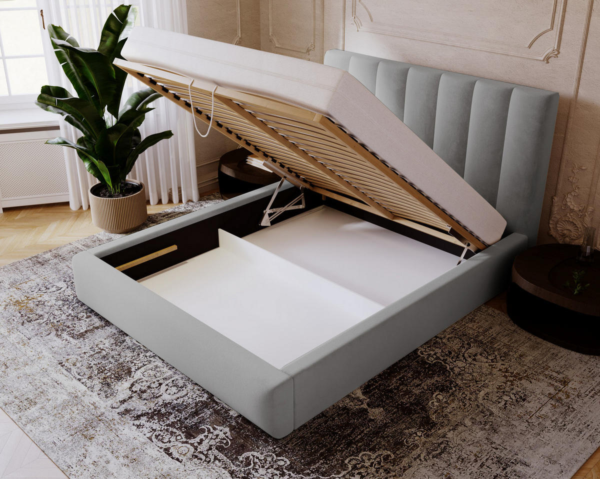 POLSTERBETT 140x200 cm Velor, Lattenrost, Bettkasten, Hellgrau - Grau, Holz/Textil (140/200cm) - Emporius