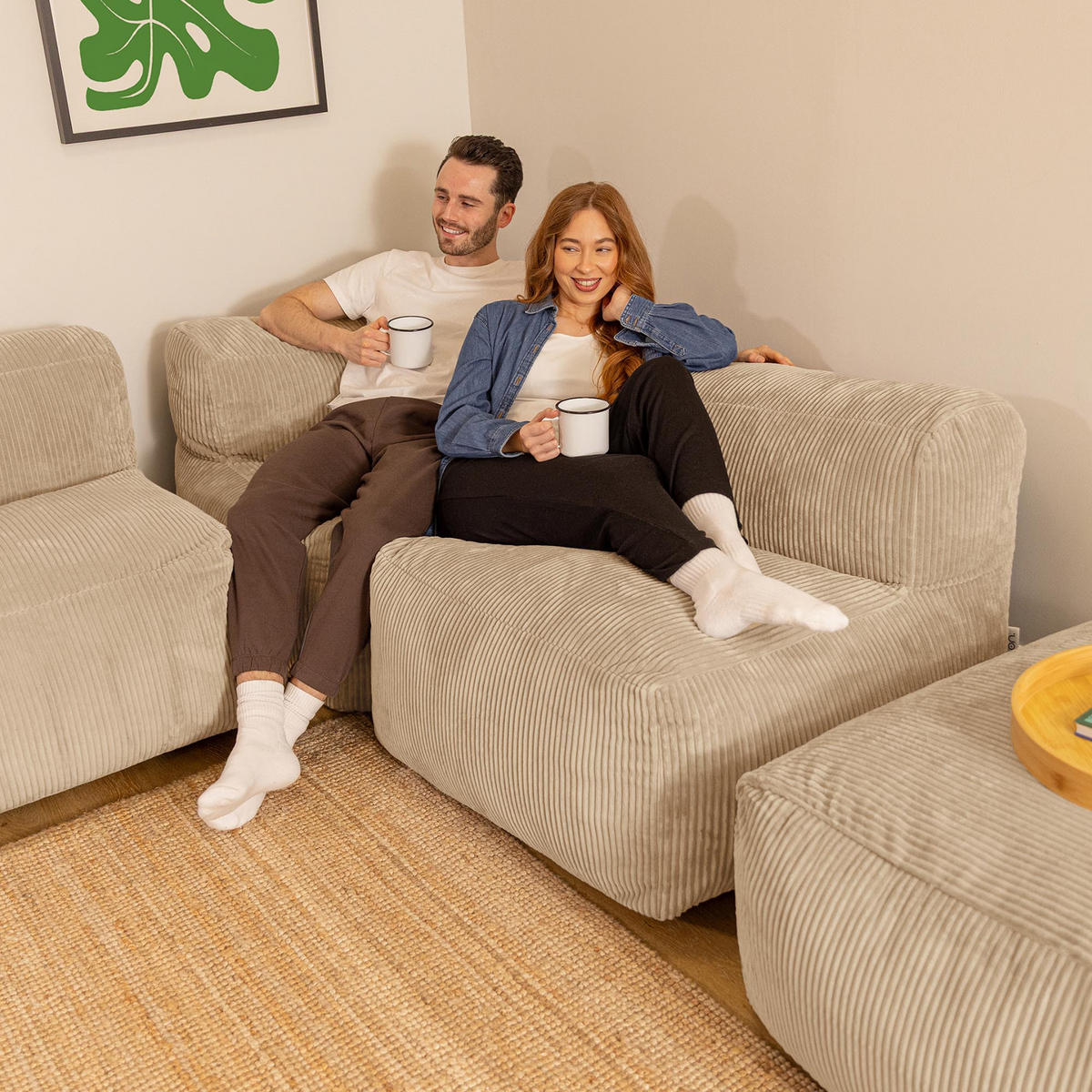 SITZSACK-SOFA 4-tlg. ZEN: Ecksessel, 2 Sessel, Fußstütze - Beige, Textil (385/68/100cm) - icon