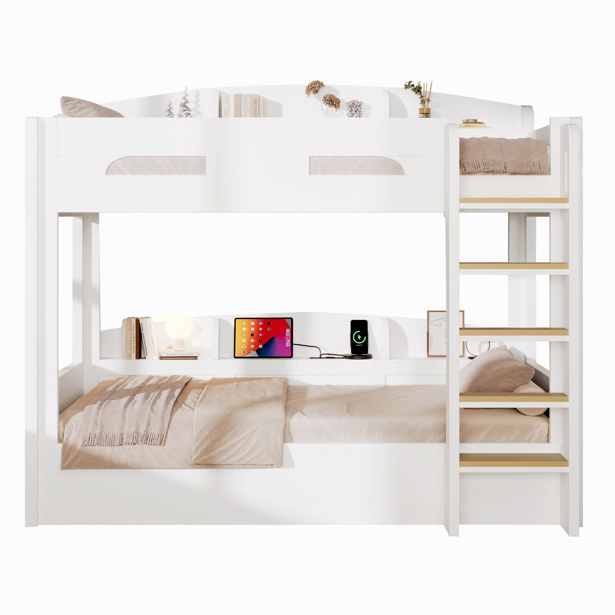 HOCHBETT 90/200 cm in Weiß mit Unterbett, USB-Steckdose und Ablagefächern aus Massivholz und MDF - Weiß, Holzwerkstoff (90/200cm) - STILVORA