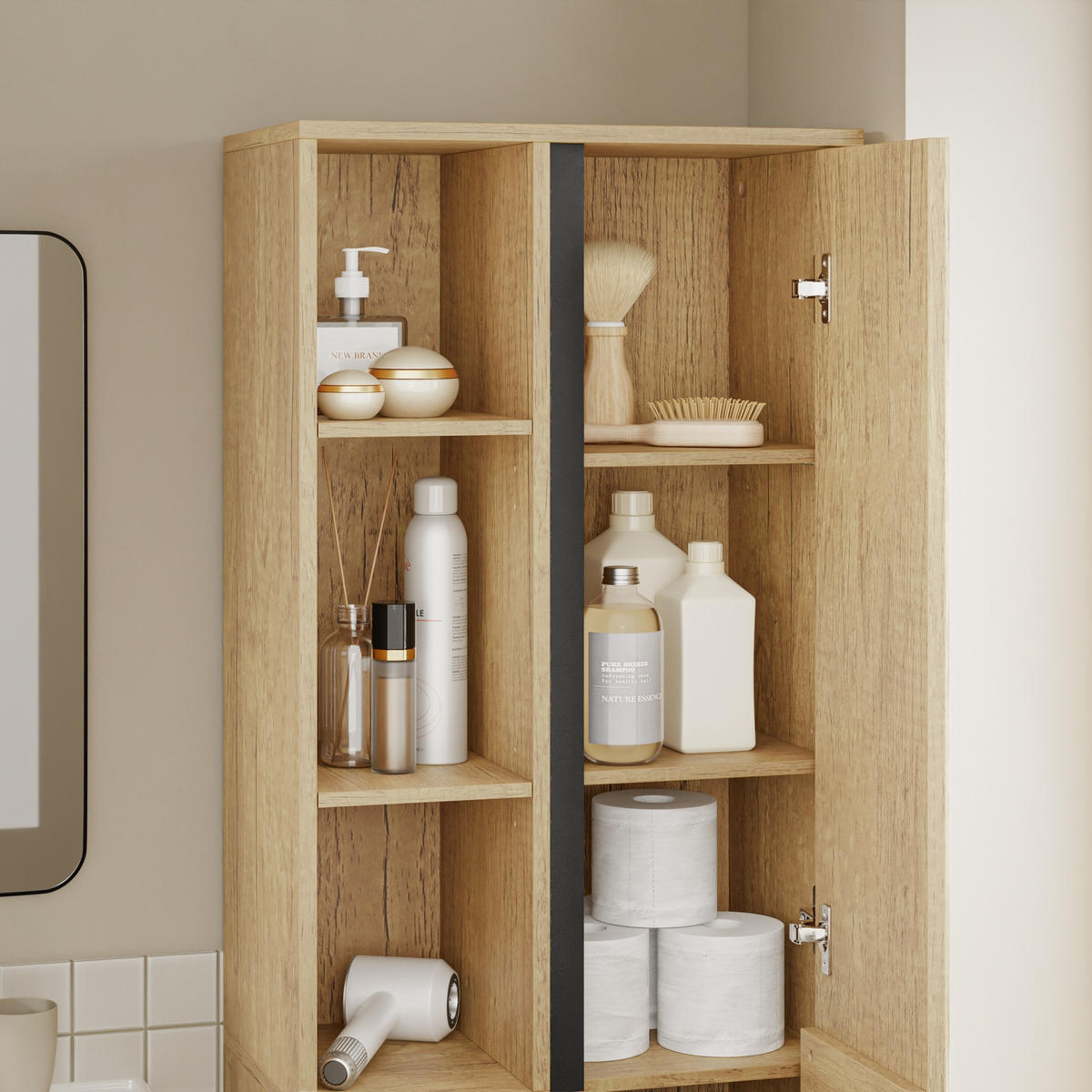 HOCHSCHRANK Badezimmerschrank mit Tür und offenen Regalfächern BZR237-E-N - Hellbraun/Eichefarben, Holzwerkstoff (30/180/50cm) - SoBuy