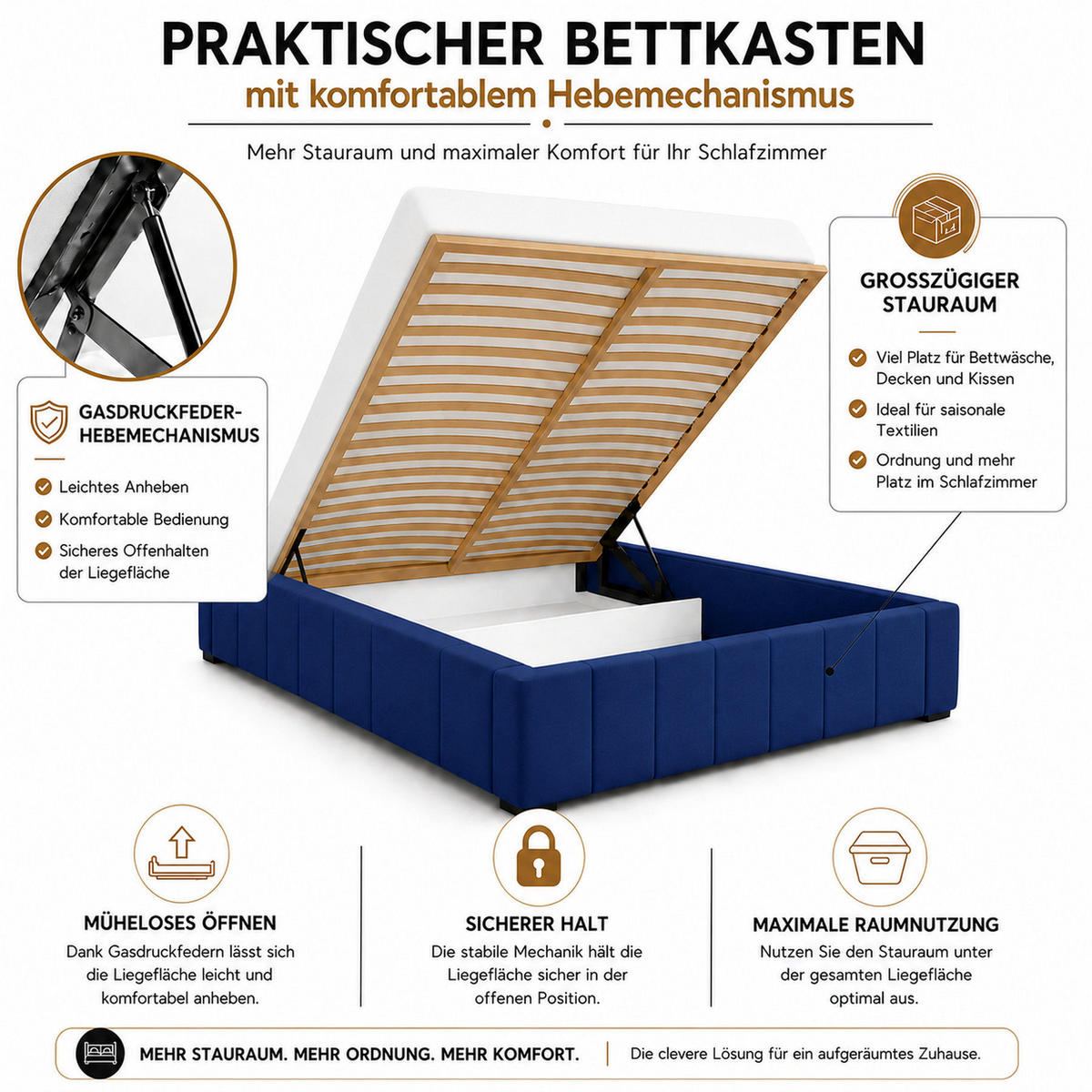 MARPUR Polsterbett NERO 180x200 cm mit Bettkasten und Lattenrost, Dunkelblau - Chromfarben/Dunkelblau, Holz/Holzwerkstoff (180/200cm) - Marpur
