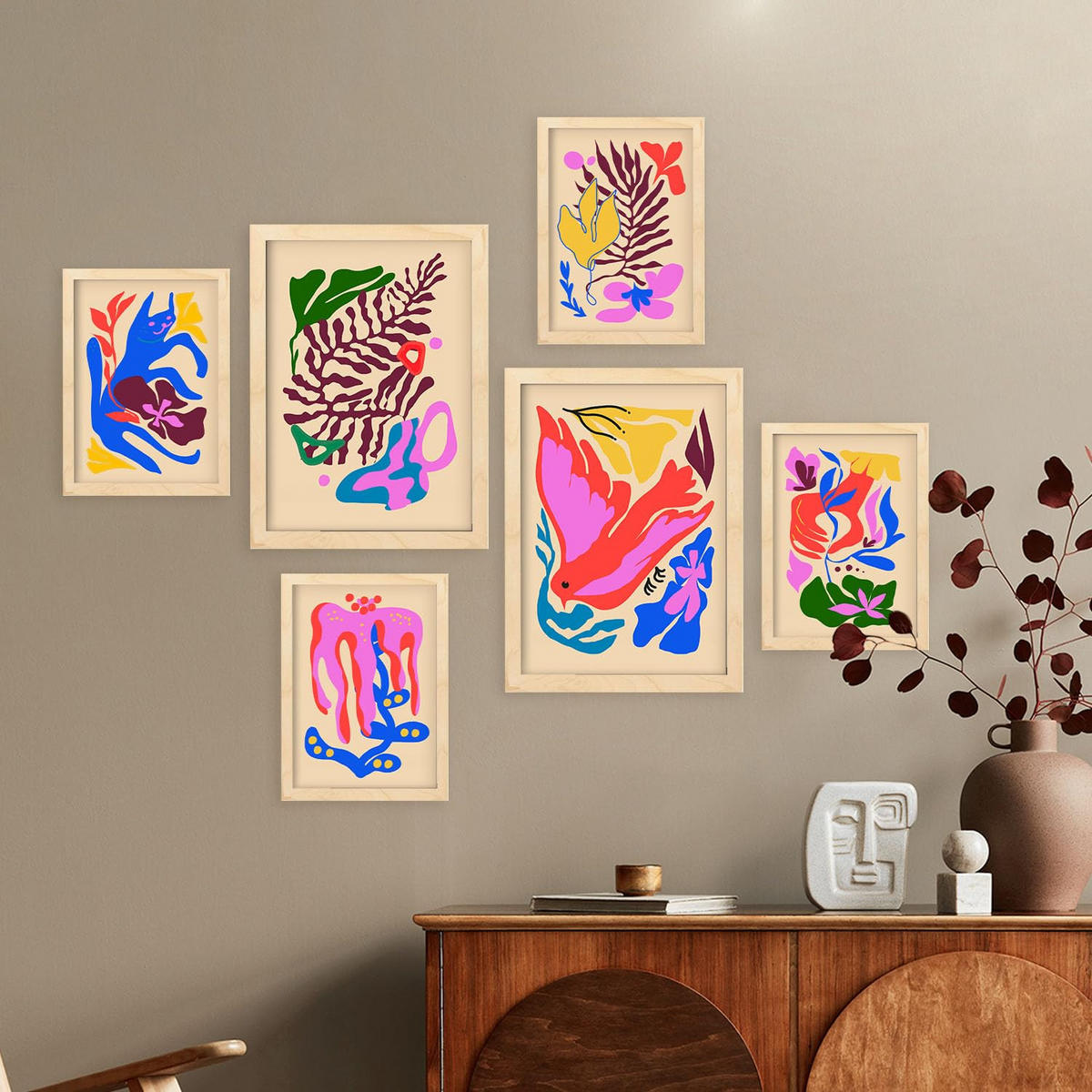 POSTER Set Mit 6 Malerisch 3 In Blume Zusammenfassung Ästhetische Dekorative Gemälde Für Ihr Wohnzimmer Zuhause A3 & A4 Rahmen Aus Hellem Holz - Beige, Papier (29/3cm) - Nacnic
