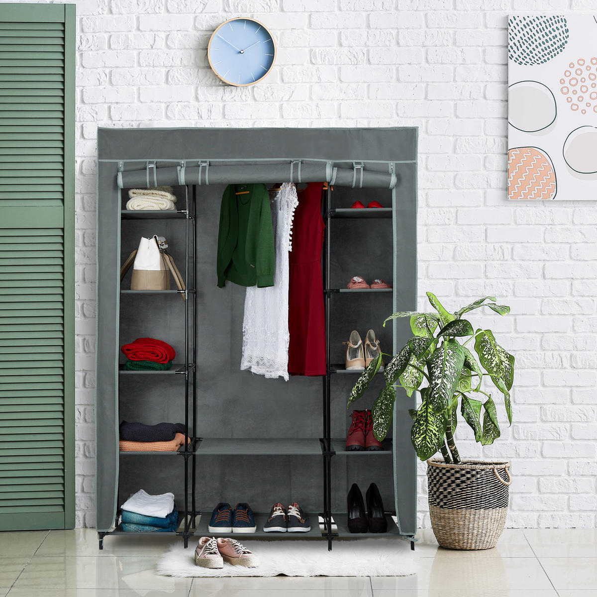 STOFFSCHRANK - Grau, Kunststoff/Textil (135/175/45cm) - Relaxdays