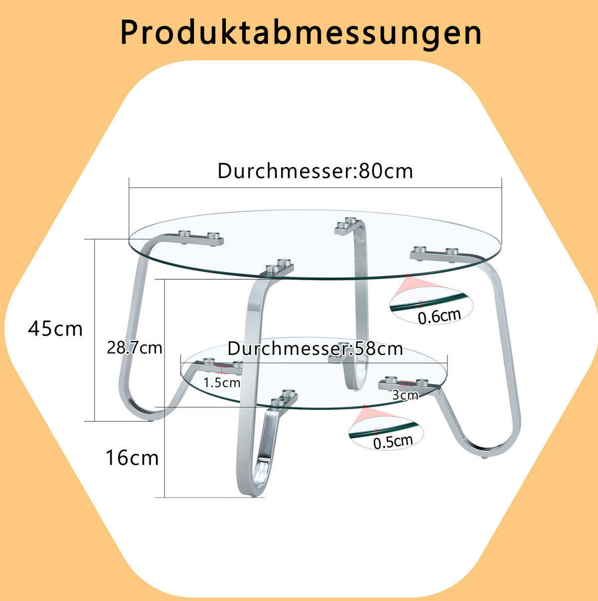 COUCHTISCH aus Metall 80x80x45 cm und Glas Silber mit 2 Ablageebenen - Silberfarben, Glas (80/80/45cm) - IVMEU