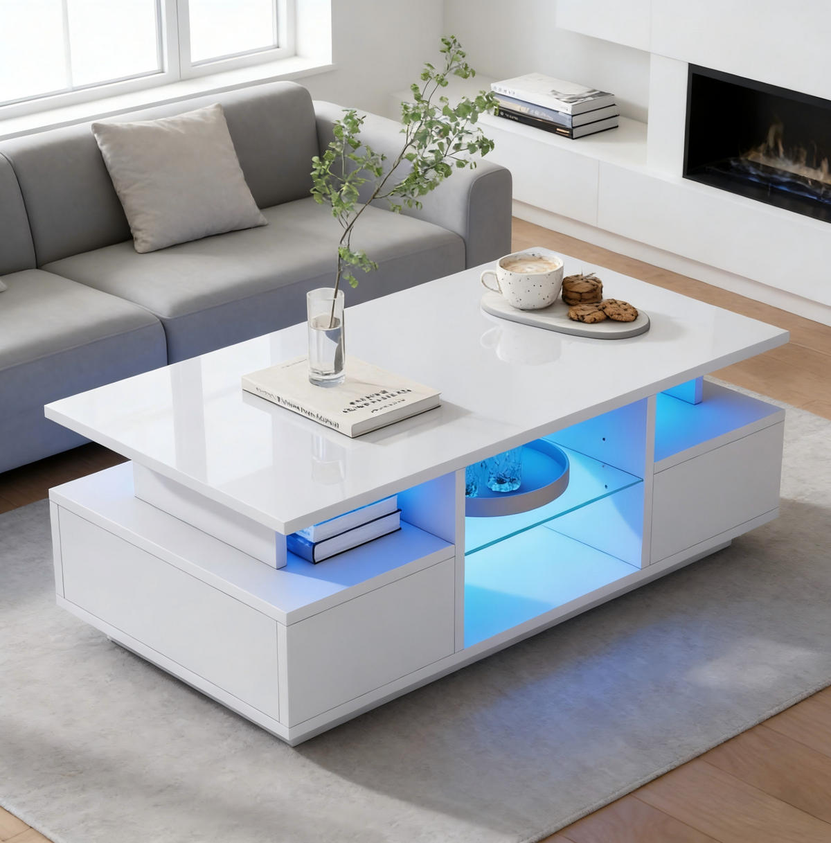 COUCHTISCH aus Spanplatte 100x50x36 cm Weiß mit LED-Beleuchtung, 2 Schubladen und Glasablagen - Weiß, Holzwerkstoff (100/50/36cm) - IVMEU