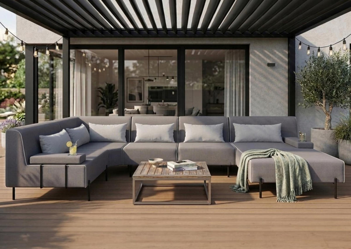 GARTENSOFA BORNEO XL Wetterfest 370x222x86 cm, Links, Solide Konstruktion, HR-Schaumfüllung, Wetterfeste Bezugstoff, Grau - Grau, Holz/Metall (370/86/222cm) - Trada