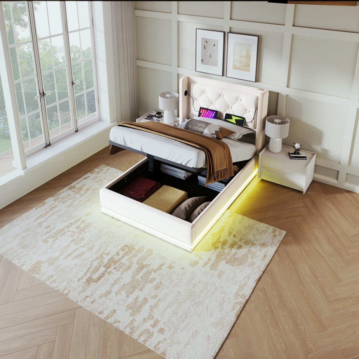 POLSTERBETT 90/200 cm in Beige Stoff mit Bettkasten, LED, USB und Type-C - Beige, Holzwerkstoff/Textil (90/200cm) - WISHDOR