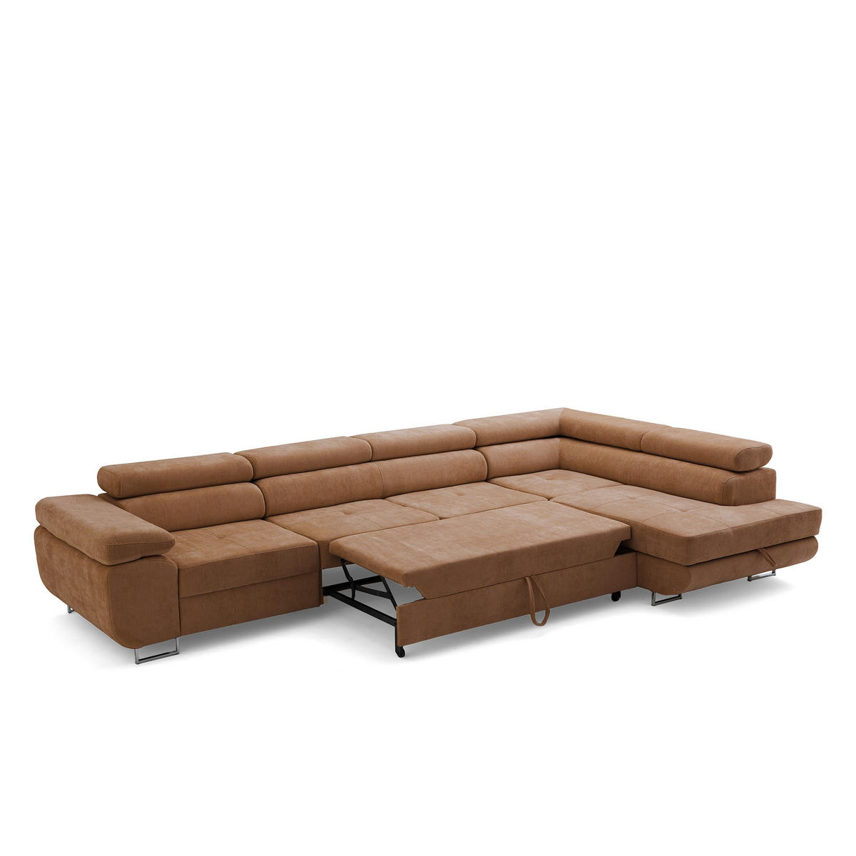 ECKSOFA WILD MAXI L Rechts mit Schlaffunktion 125x195 Chenille Braun - Chromfarben/Braun, Holz/Textil (350/203cm) - Muffo