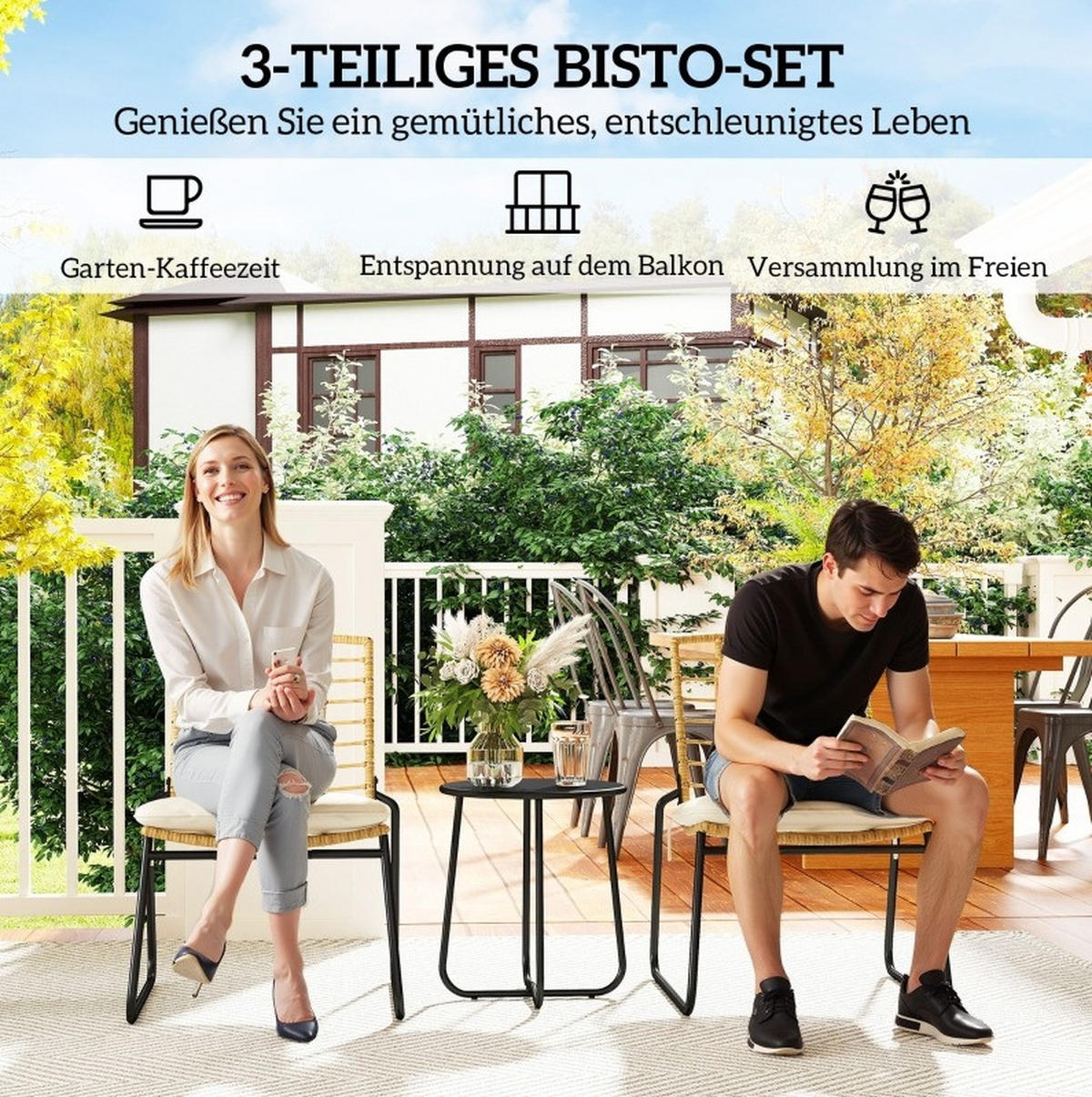 BALKONSET 3-teilig,40×40×46cm Polyrattan mit Kissen und Tisch - Beige, Naturmaterialen - Modfu