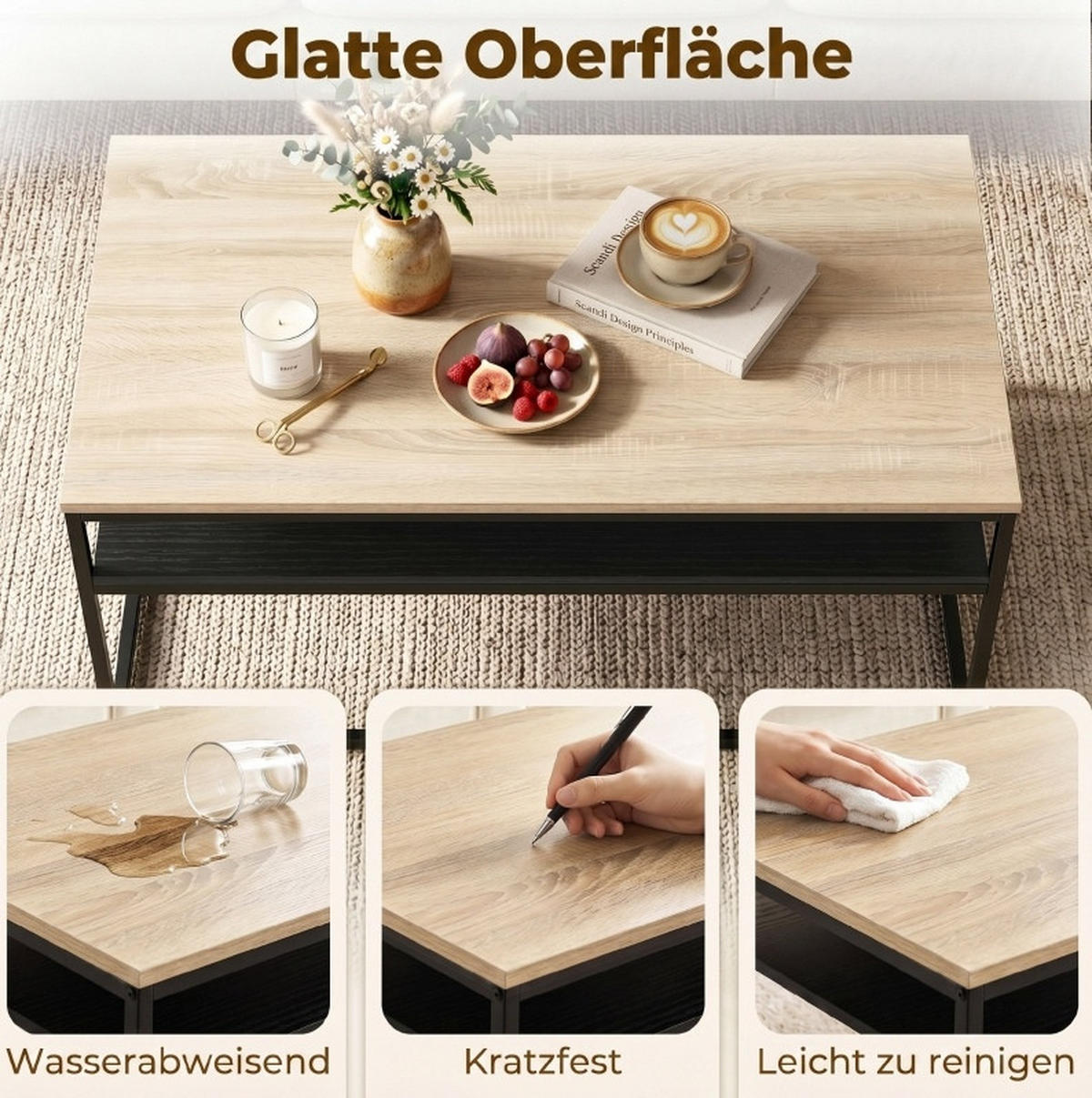COUCHTISCH aus Spanplatte und Metall 100x59,8x47 cm Eiche/Schwarz mit Ablage - Eichefarben, Holz (100/59.8/47cm) - IVMEU