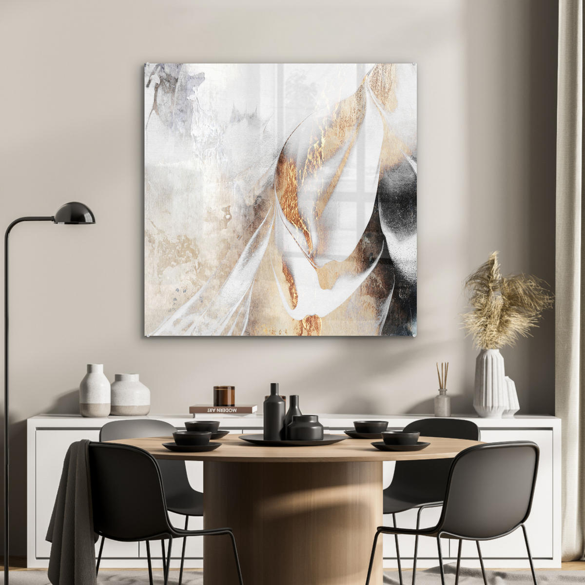 ACRYLGLASBILD Luxus - Abstrakt - Gold - Weiß 90x90 cm - Goldfarben, Glas (90/90cm) - MuchoWow