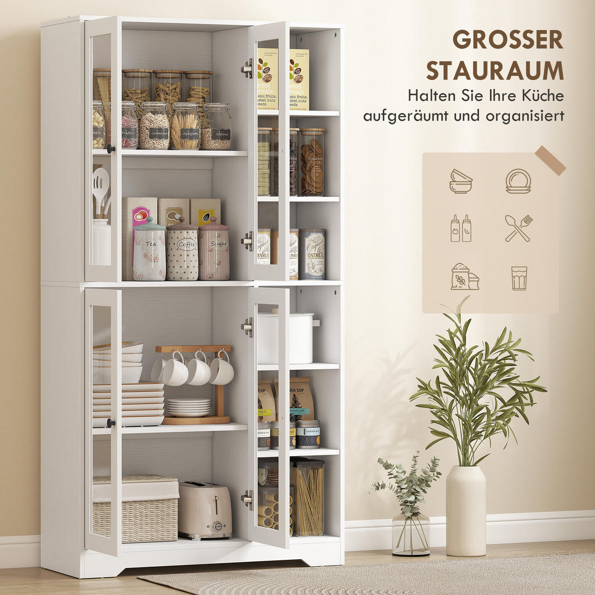 KÜCHENSCHRANK Buffetschrank mit 4 Soft-Close-Glastüren 6 offenen Fächern Weiß - Schwarz/Weiß, Holzwerkstoff/Metall (35/172/90cm) - HOMCOM